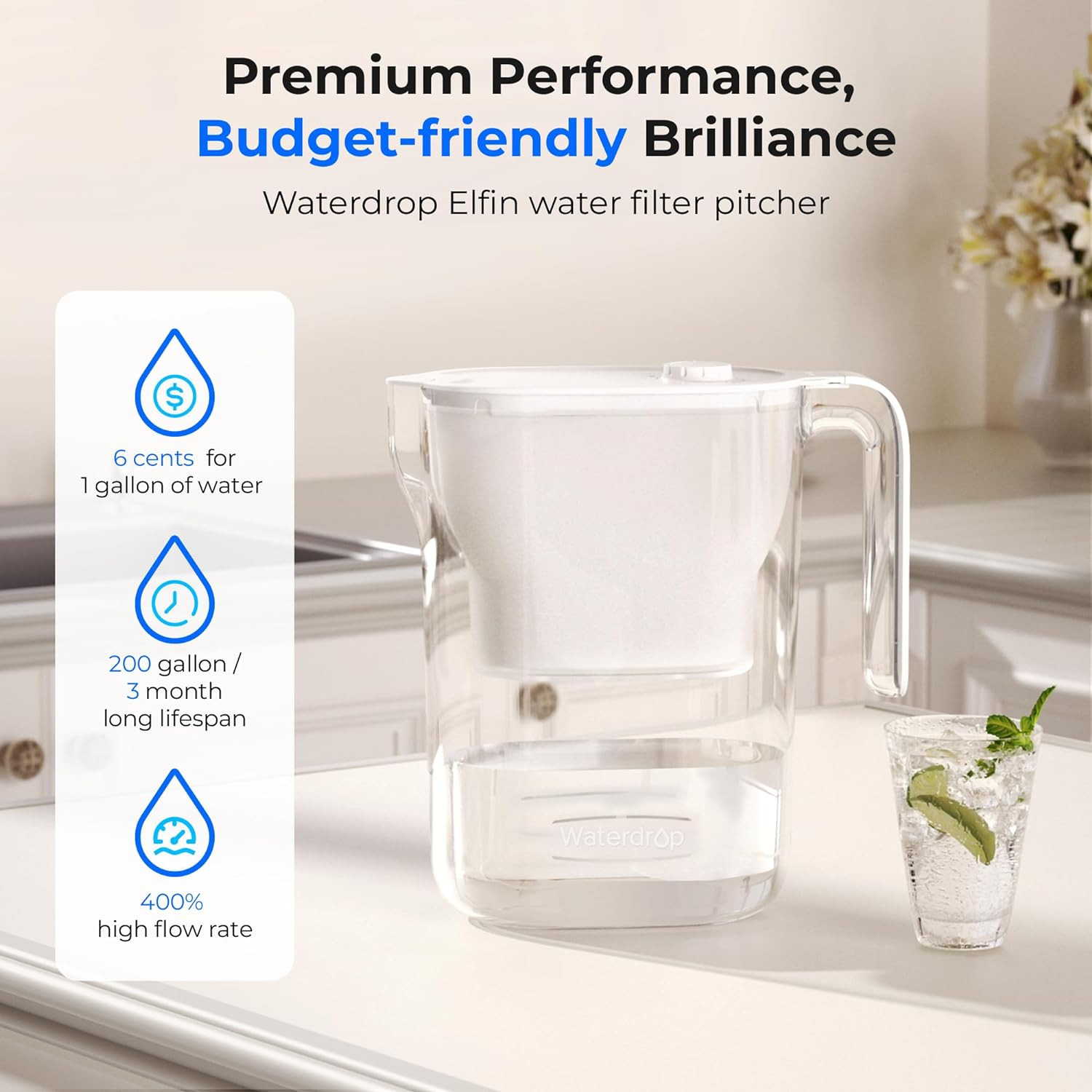Water Filter Pitcher, 200-Gallon Long-Life, Countertop NSF Certified Water Purif