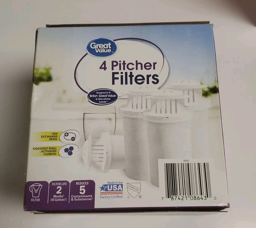 Great Value 4 Pitcher Filters Made in USA Designed for Brita NEW IN BOX