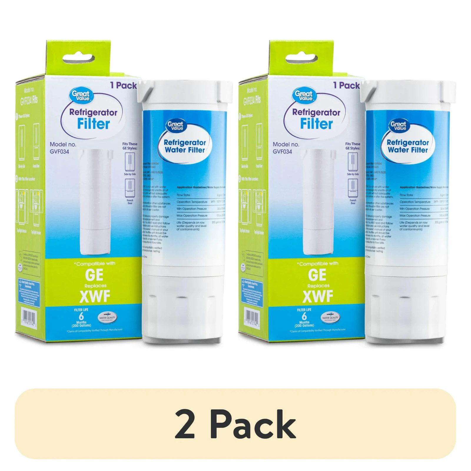 2 Pk Refridgerator Water Filter Replaces XWF-Compatible w/GE- Great Value GVF034