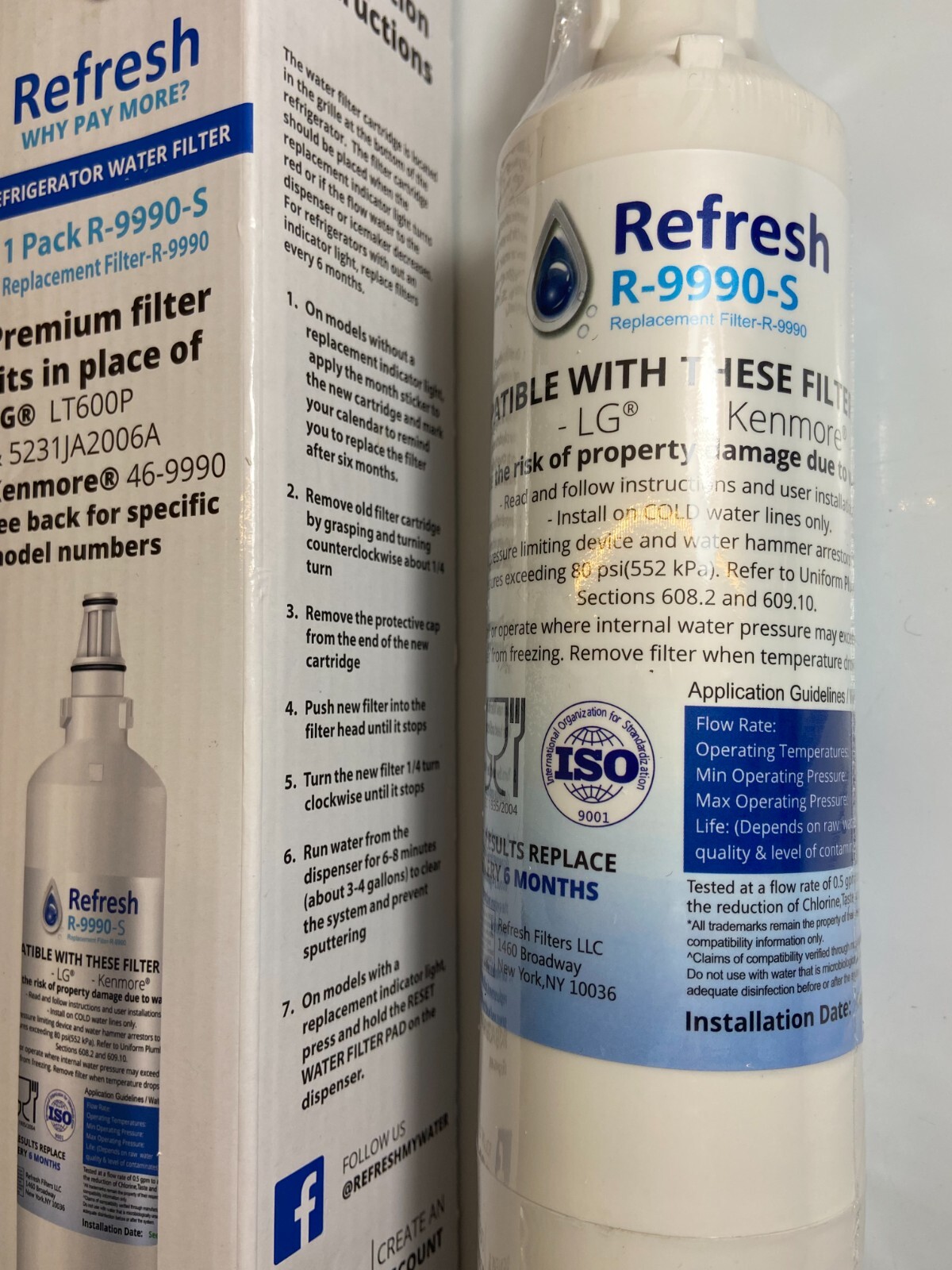 Refresh R-9990-S Refrigerator Water Filter Kenmore 46-9990 LG LT600P SEALED NIB
