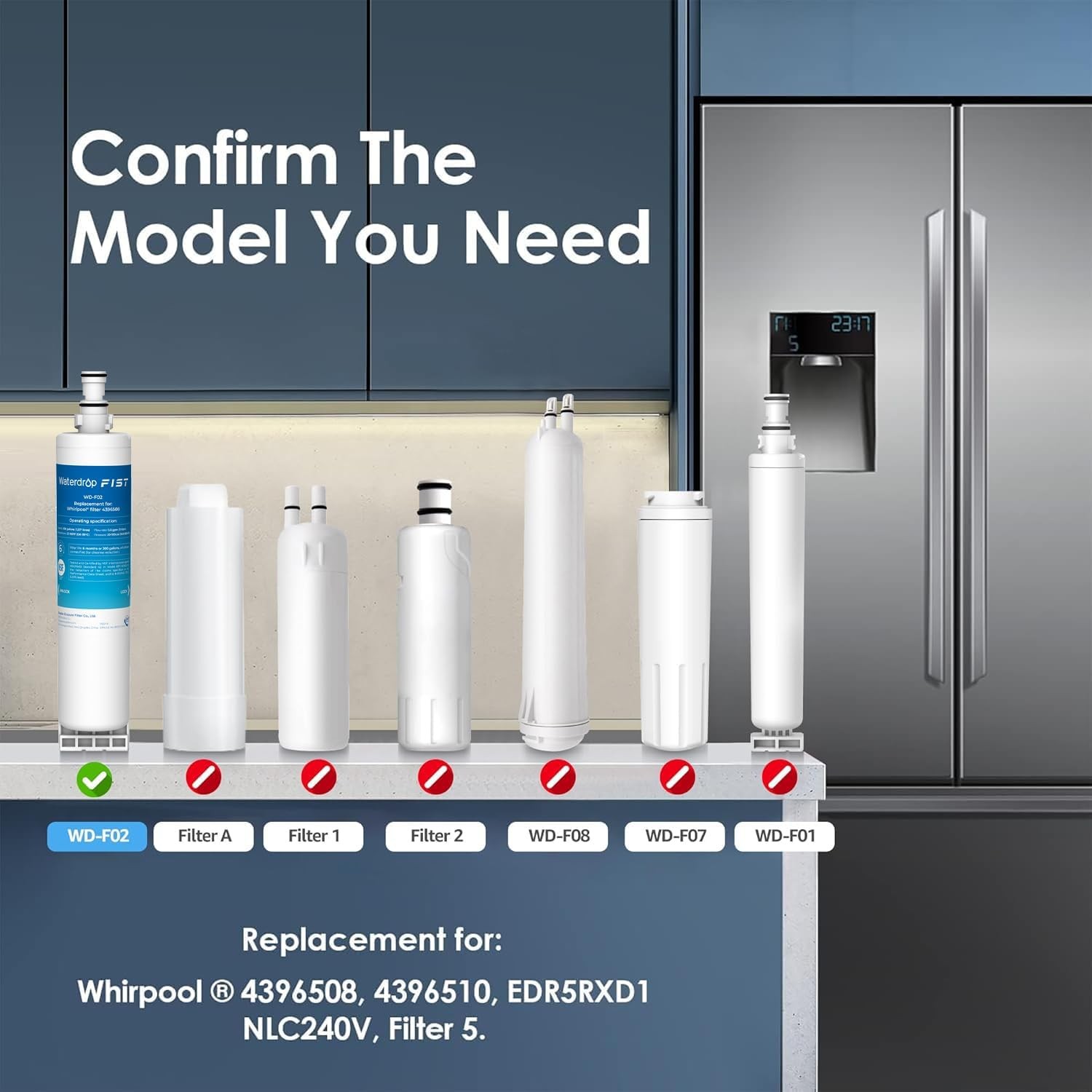 Waterdrop 4396508, 4396510, 4396508p, 4396547 Refrigerator Water Filter, 2 Packs