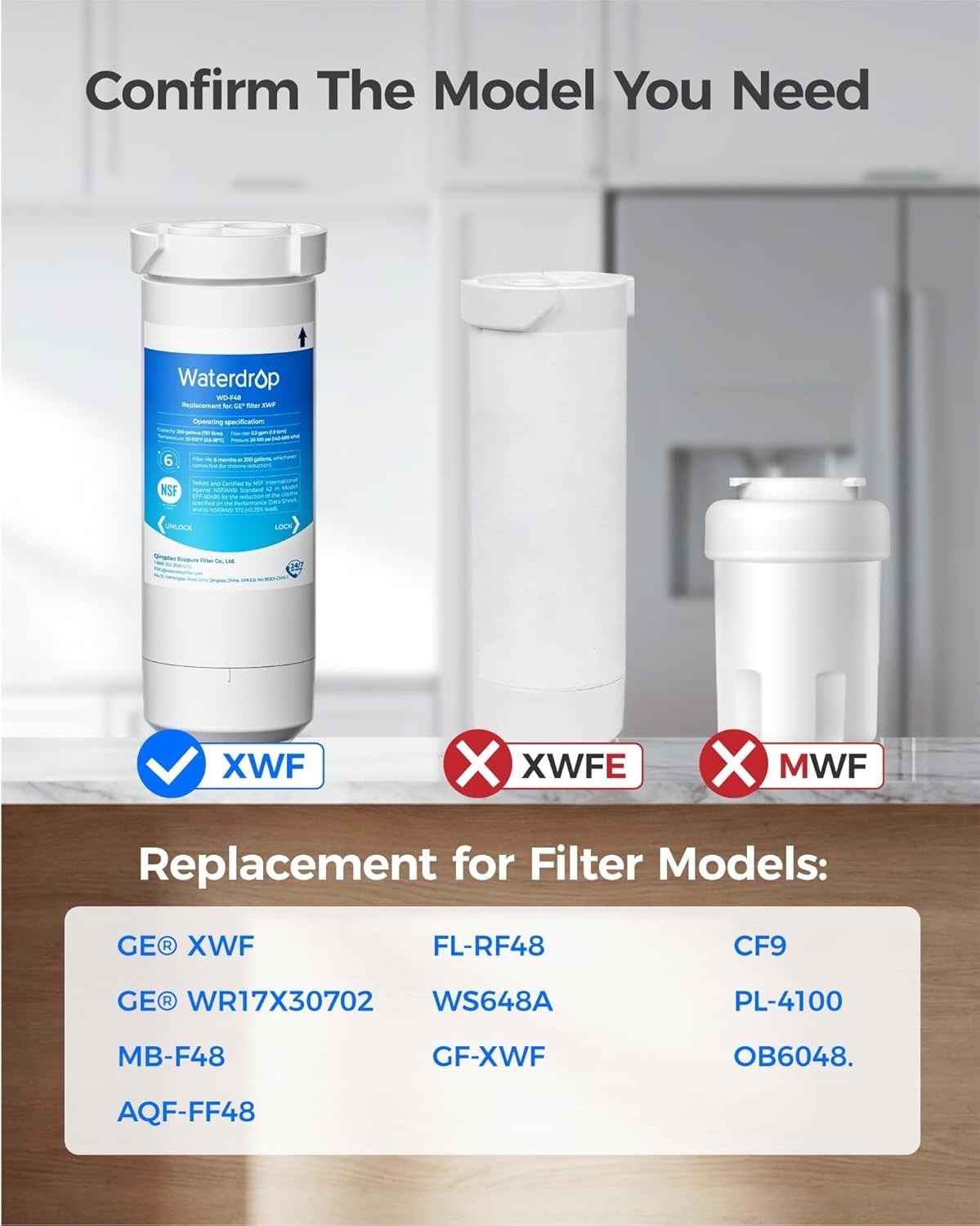 Waterdrop XWF Refrigerator Water Filter, Replacement for GE® XWF, 4 packs