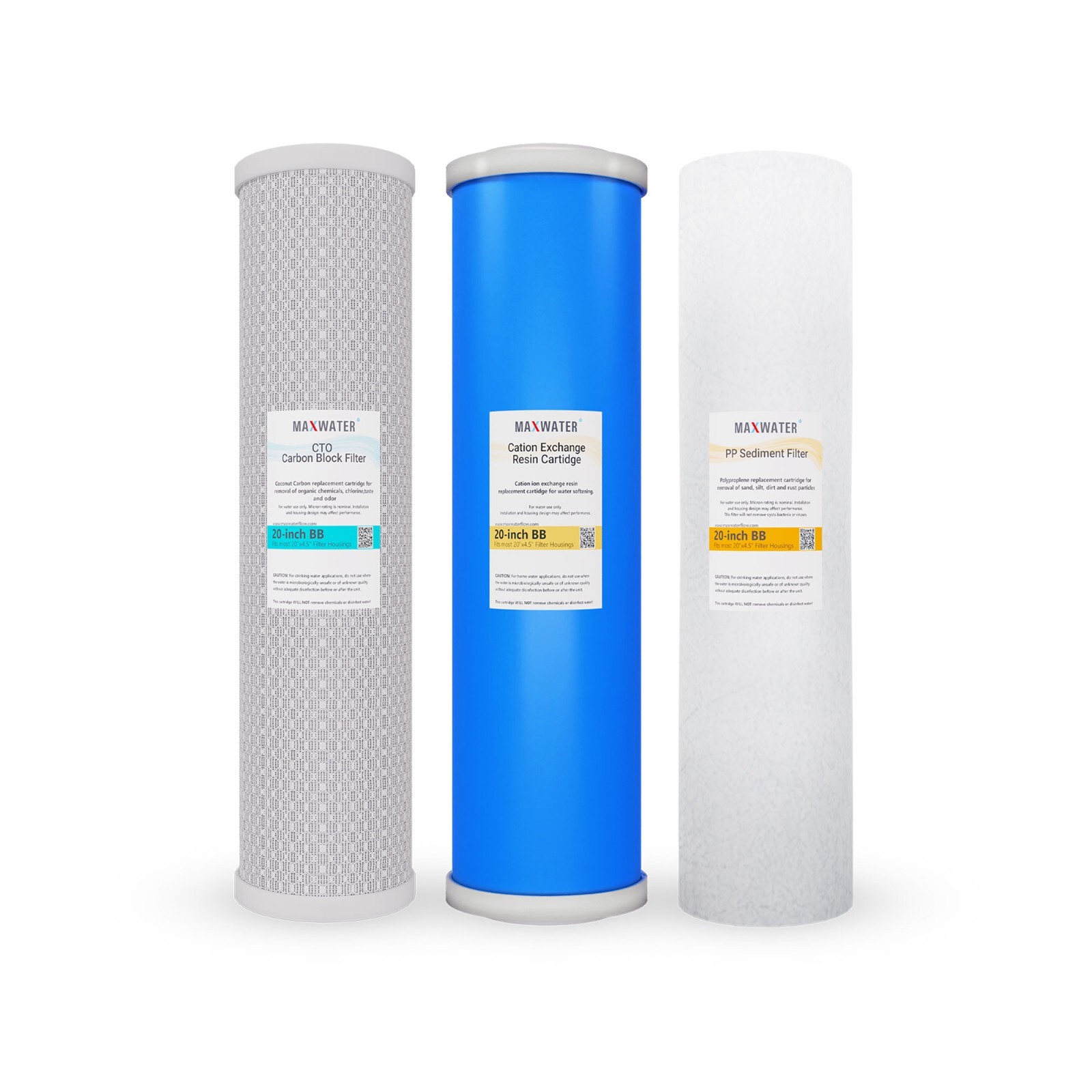 Max Water whole House Water Softening Filter Set 20″ x4.5″ Sediment, Cation, CTO