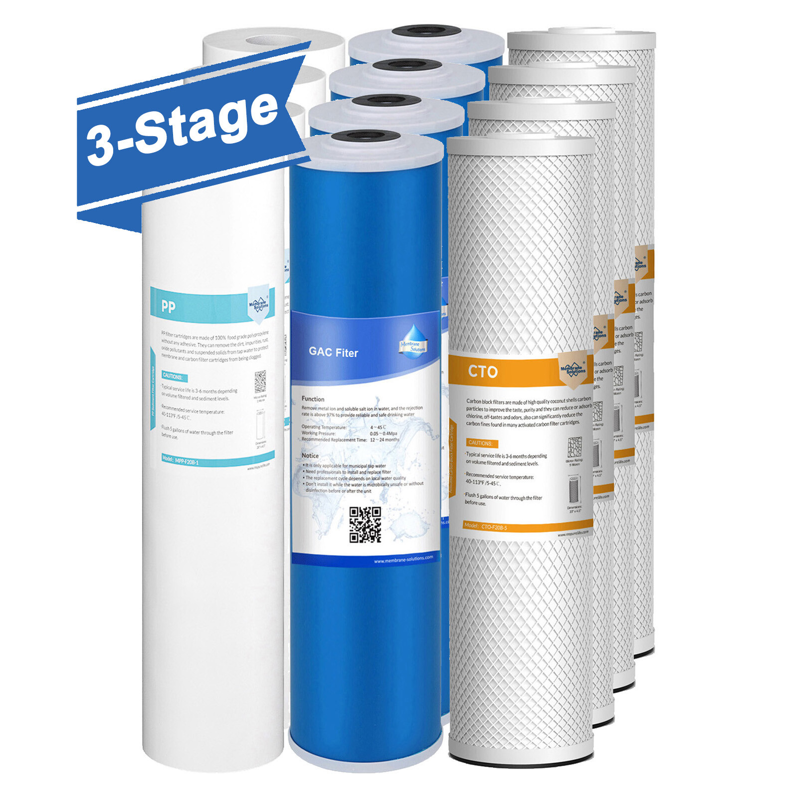 3-Stage 5 Micron 20″x4.5″ Sediment PP GAC CTO Carbon Block Water Filter Big Blue