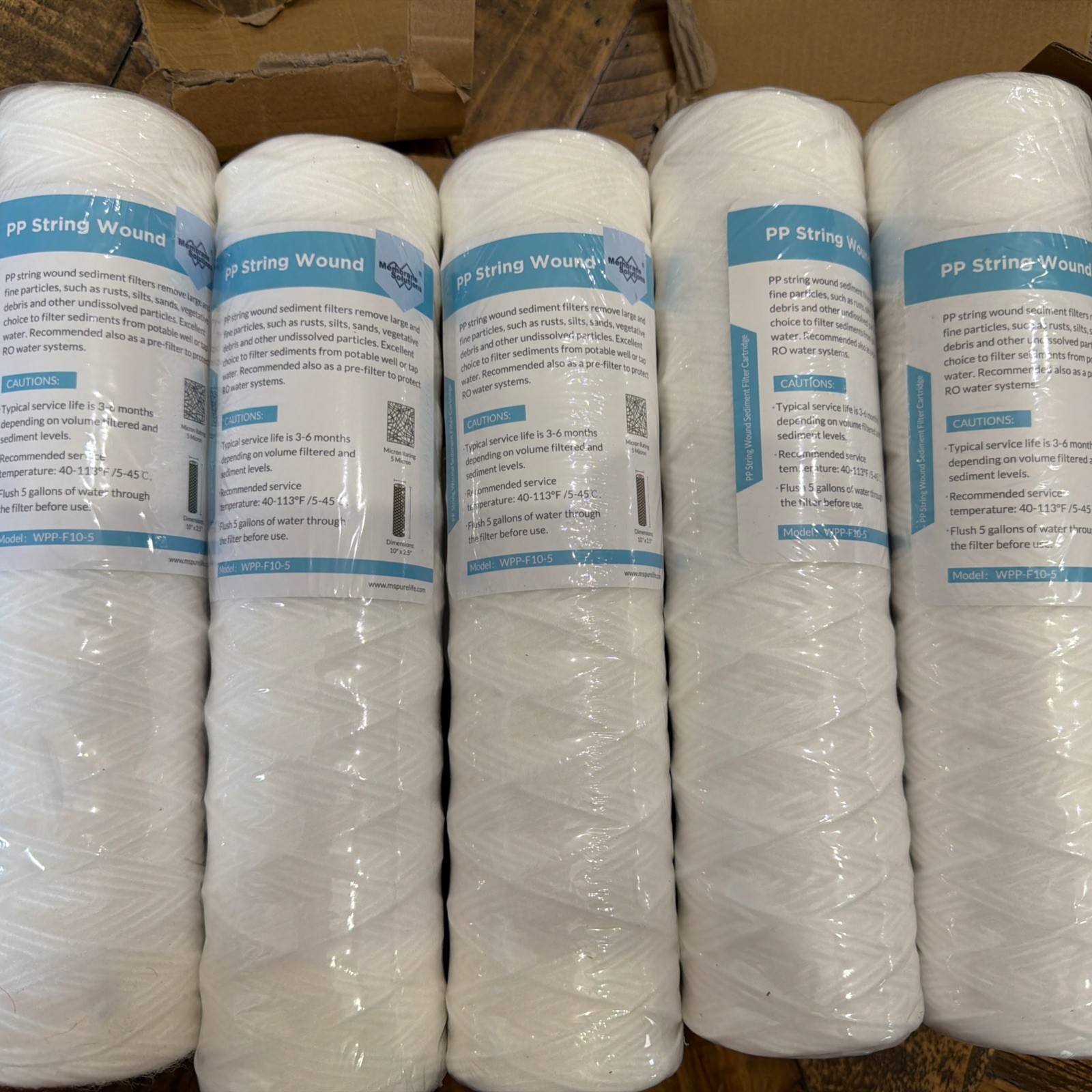 Membrane Solutions PP String Wound Sediment Filter 10″x 2.5″ – 5 Pack, Open Box