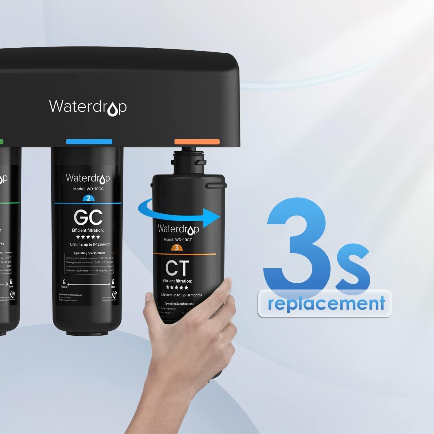 Waterdrop TSB 3-Stage Under Sink Water Filter System with Fauct, Extra 10CT