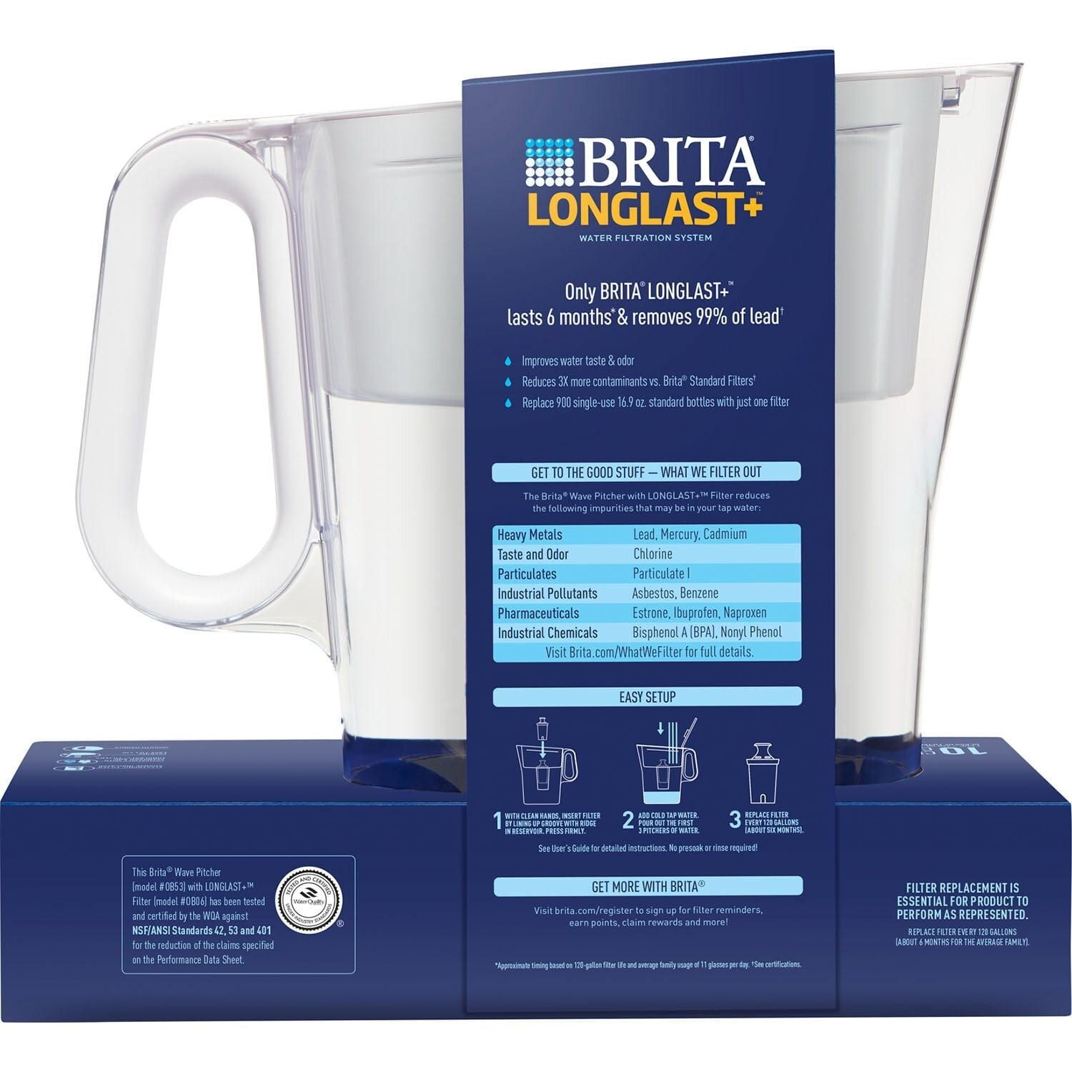 Brita Large 10 Cup Water Pitcher + 2 Elite LongLast+ Filters Last 6 Months Each
