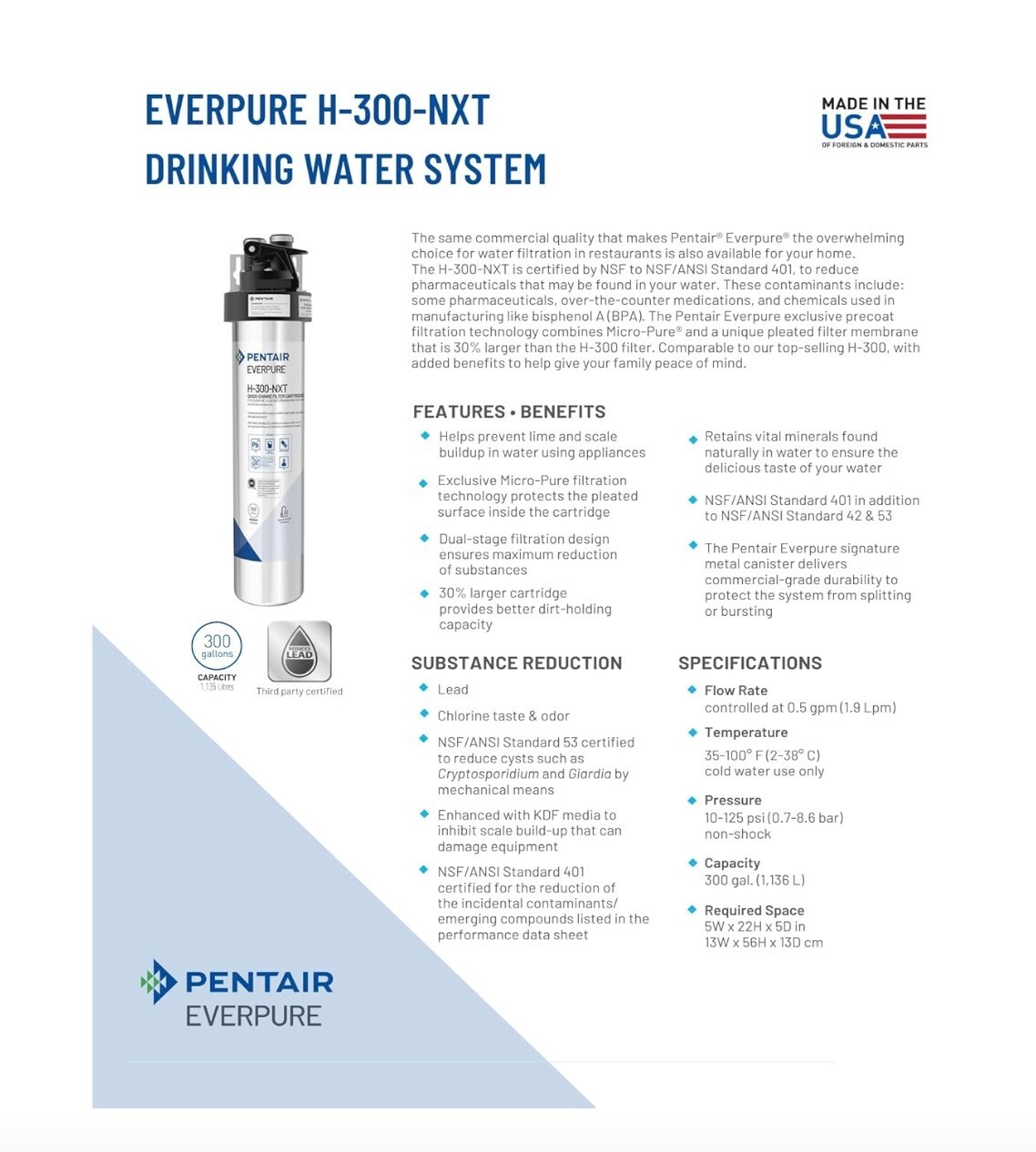 Pentair Everpure H-300-NXT Quick-Change Filter Cartridge, EV927441, 0.5 Micron