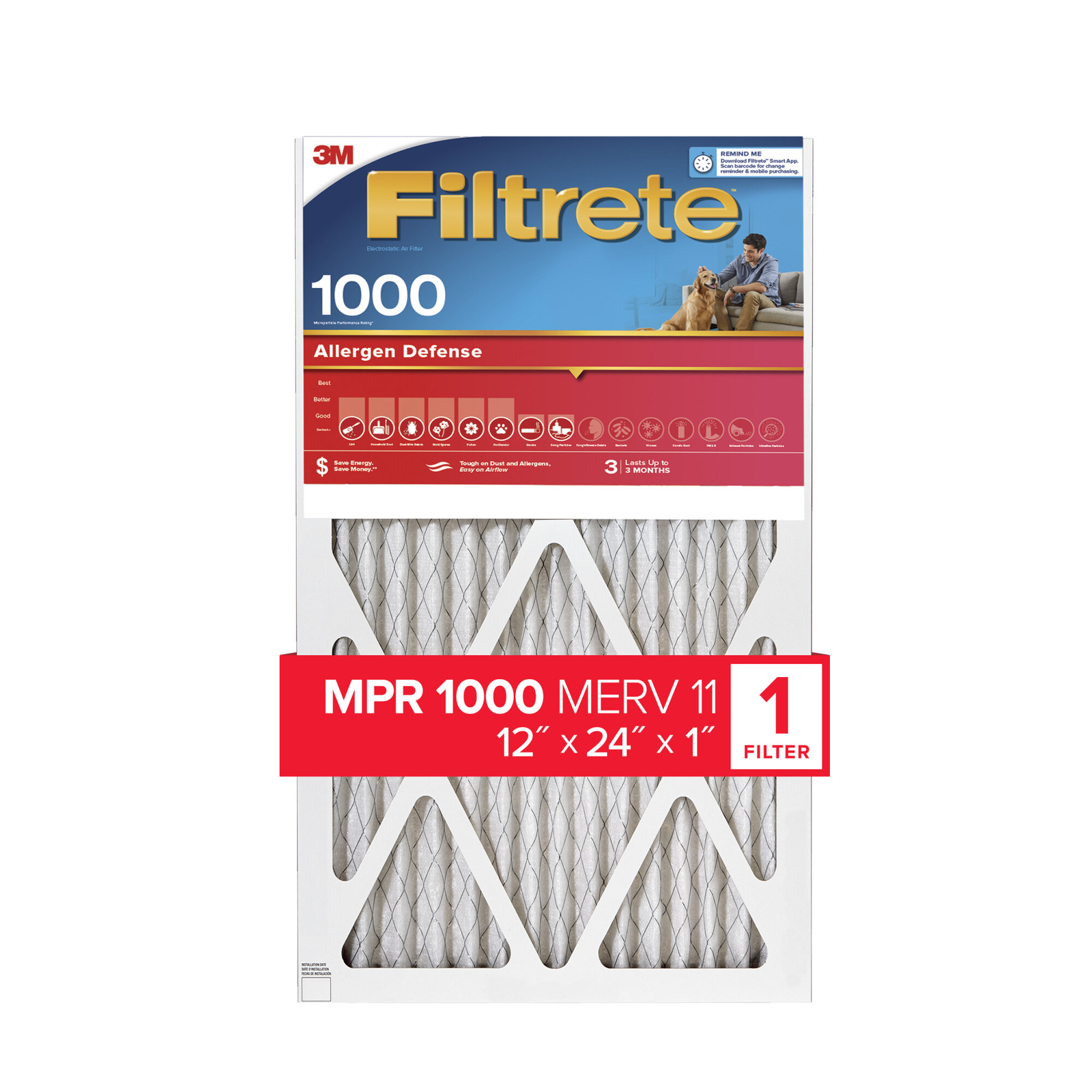 Filtrete Allergen Defense Air Filter, 1000 MPR, 9820-4, 12 in x 24 in x1 in