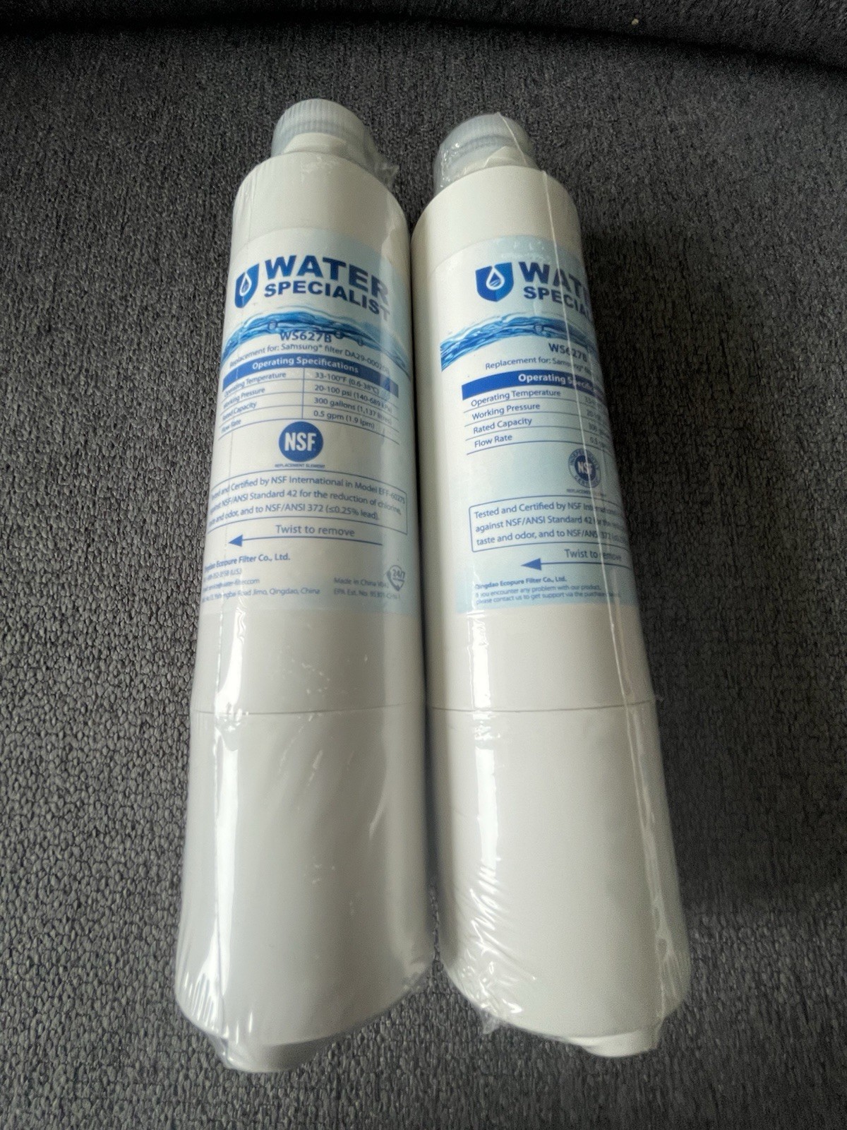 2 Pack NEW unopened Waterspecialist NSF WS627B water filter. Samsung DA29-00020B