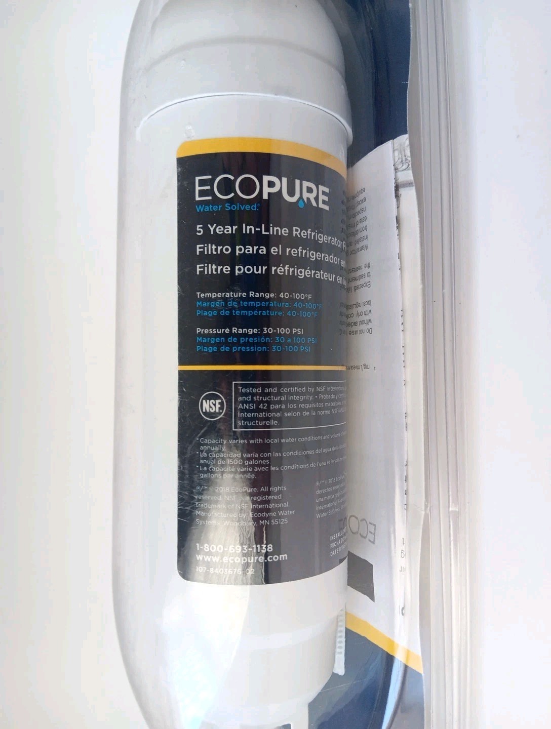 EcoPure EPINL30 5 Year In-Line Refrigerator Water Filter Ice Maker Inline NEW