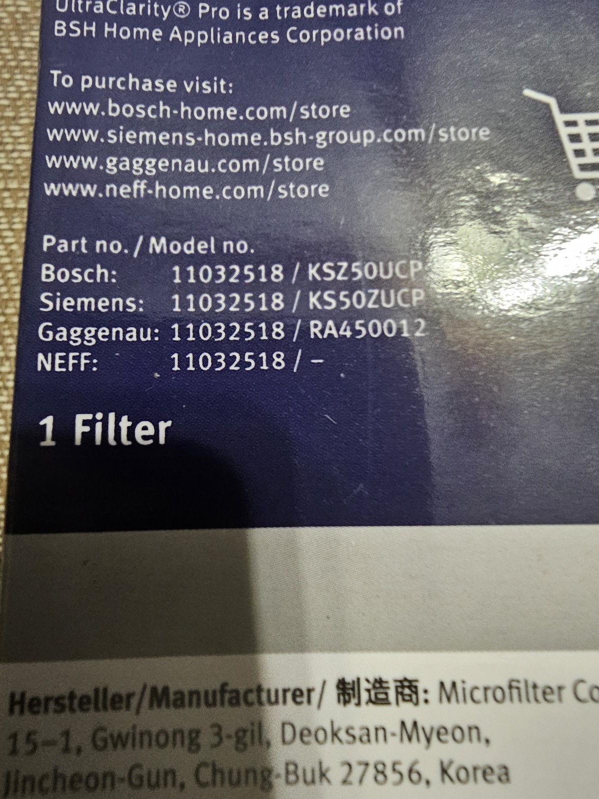 Genuine 11032518 Bosch Ultra Clarity Pro Replacement Refrigerator Water Filter