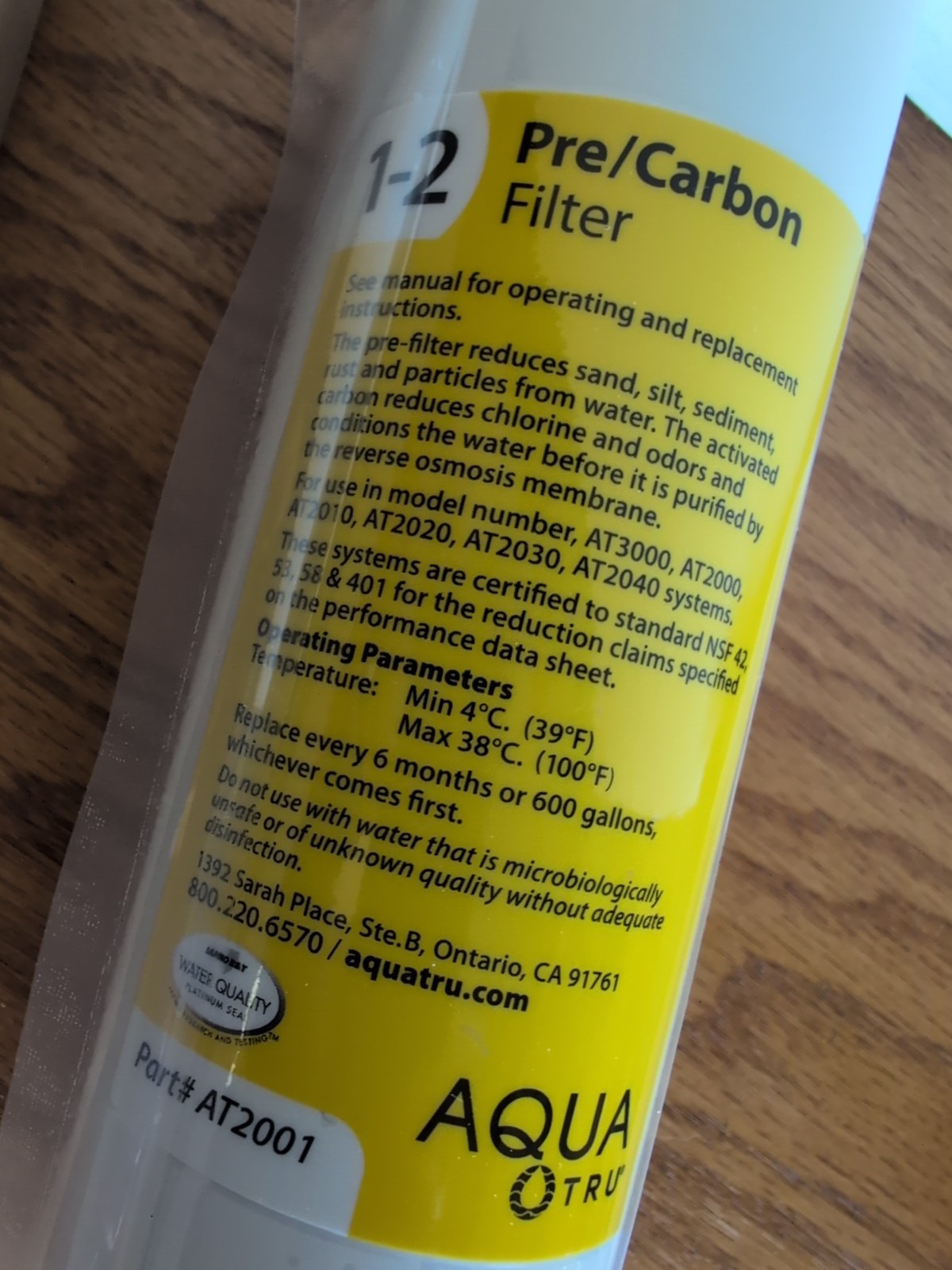AquaTru AT2001 Pre/Carbon Water Filter Stages 1-2 NEW Sealed Plastic Open Box