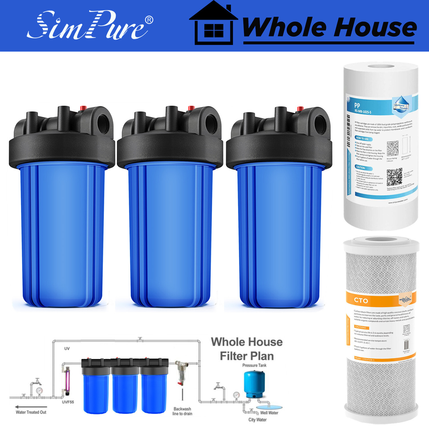 10″ x 4.5″ Big Blue Whole House Water Filter Housing Sediment Carbon Cartridge
