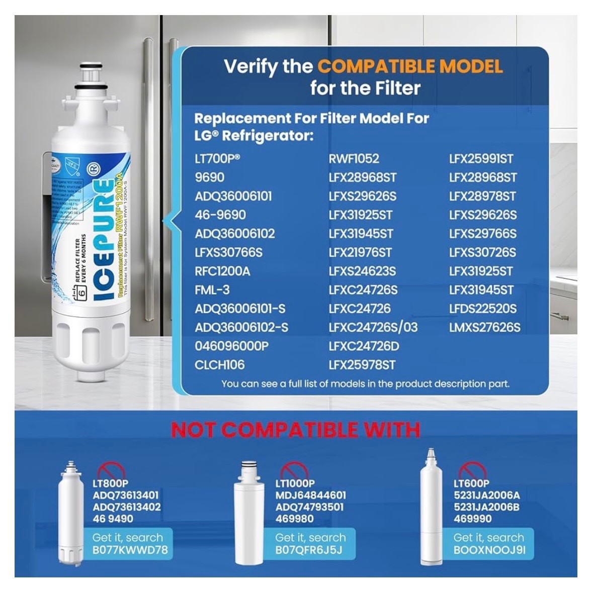 4 PACK ICEPURE ADQ36006101 LG LT700P Kenmore Elite 9690 Water Filter RWF1200A