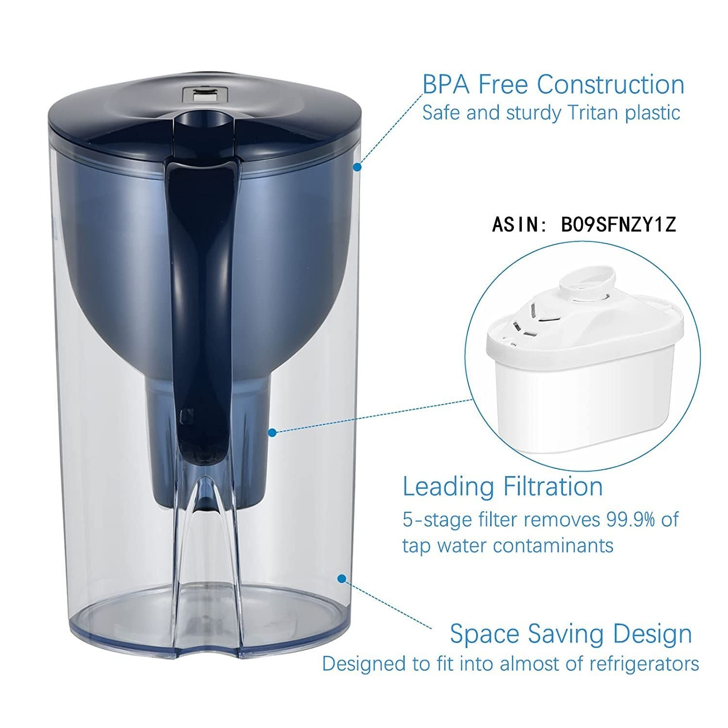 Manual Powered 14-Cup Water Filter Pitcher with Activated Carbon & Digital Alert
