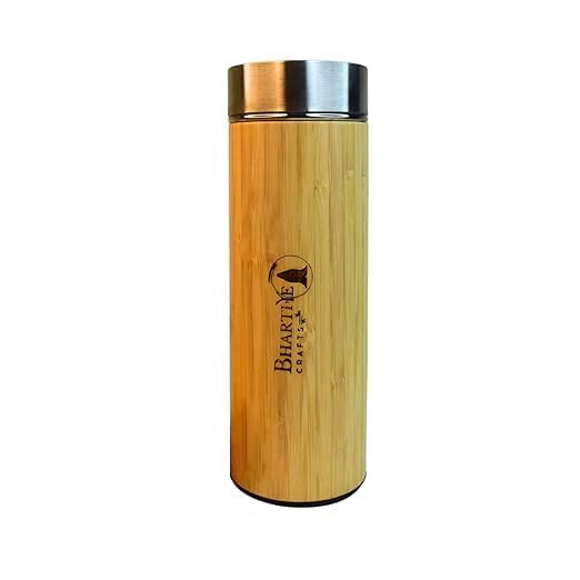 Bhartiye Crafts Bamboo Stainless Steel Insulated Bottle & Milkshake Strainer 500