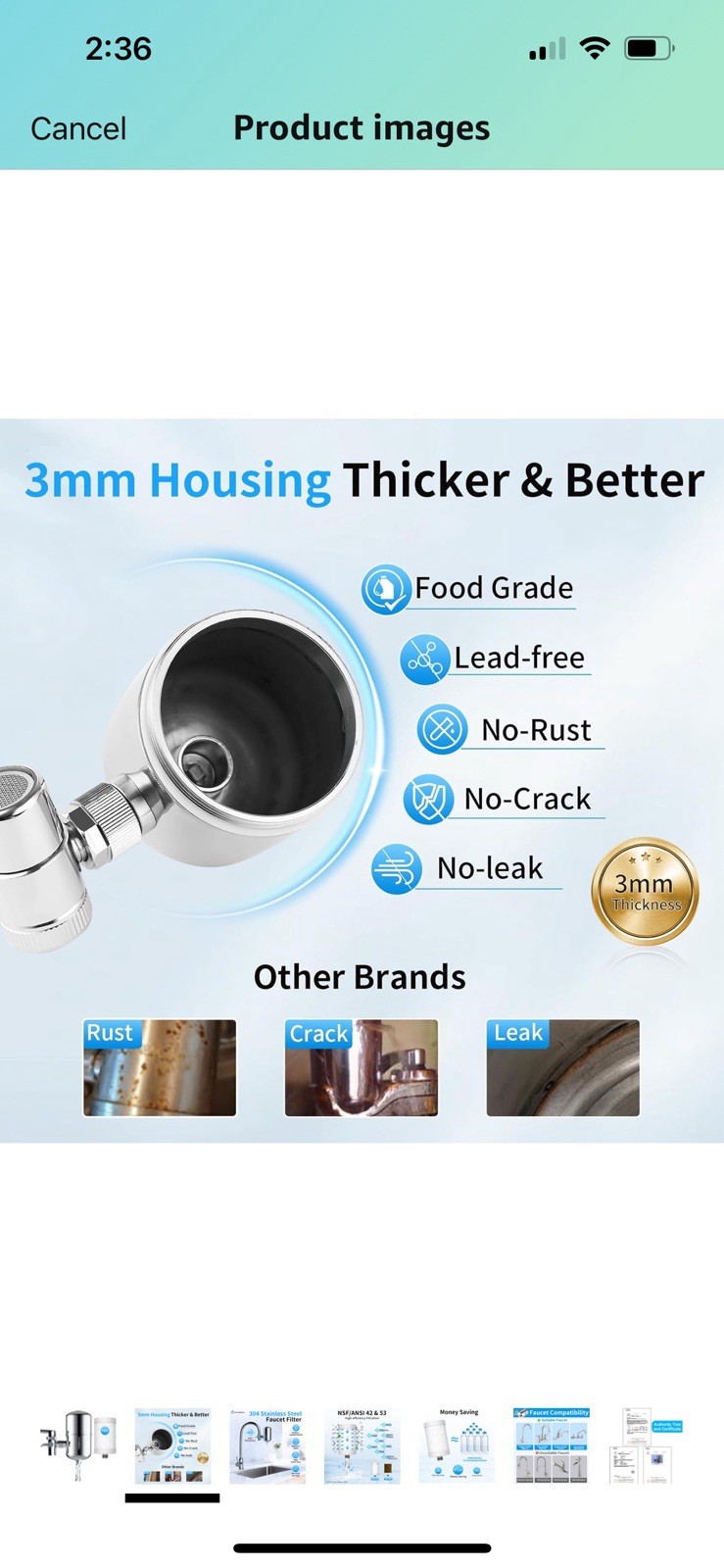 Stainless Steel Water Filter for Sink Faucet, NSF/ANSI 42&53, 360° Rotating