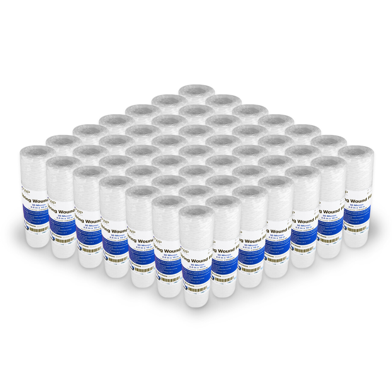 String Wound Sediment Water Filter Cartridge Standard 2.5×10″ 50 Micron 50 Pack