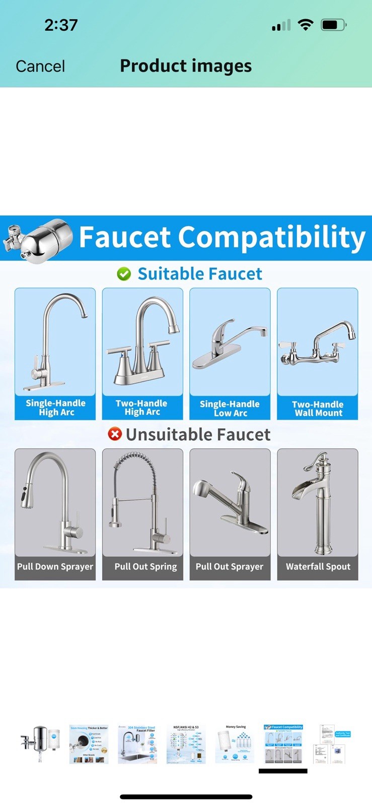 Stainless Steel Water Filter for Sink Faucet, NSF/ANSI 42&53, 360° Rotating