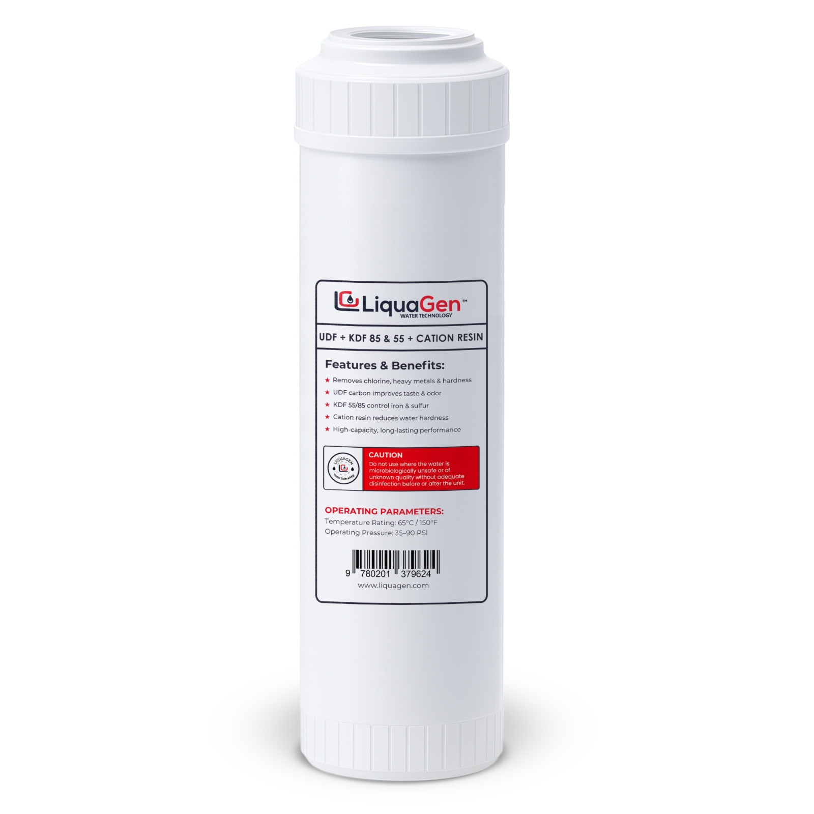 LiquaGen 2.5″ x 10″ GAC/UDF + KDF55 + KDF85 + Cation Resin Filter Cartridge