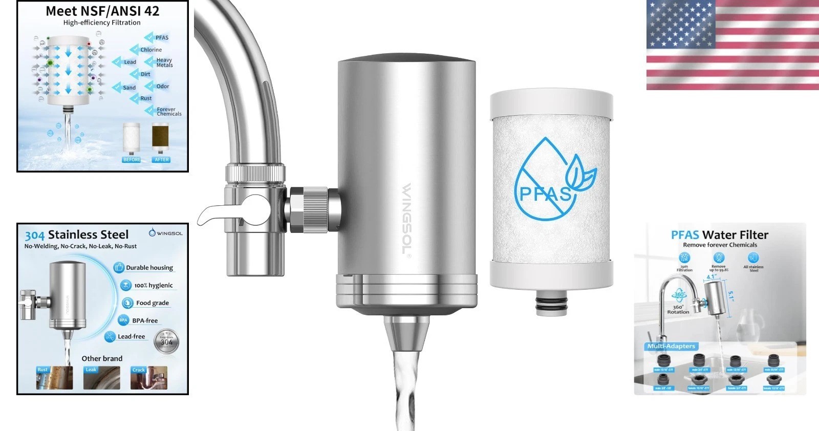 Stainless Steel Faucet Water Filter with 360° Rotation