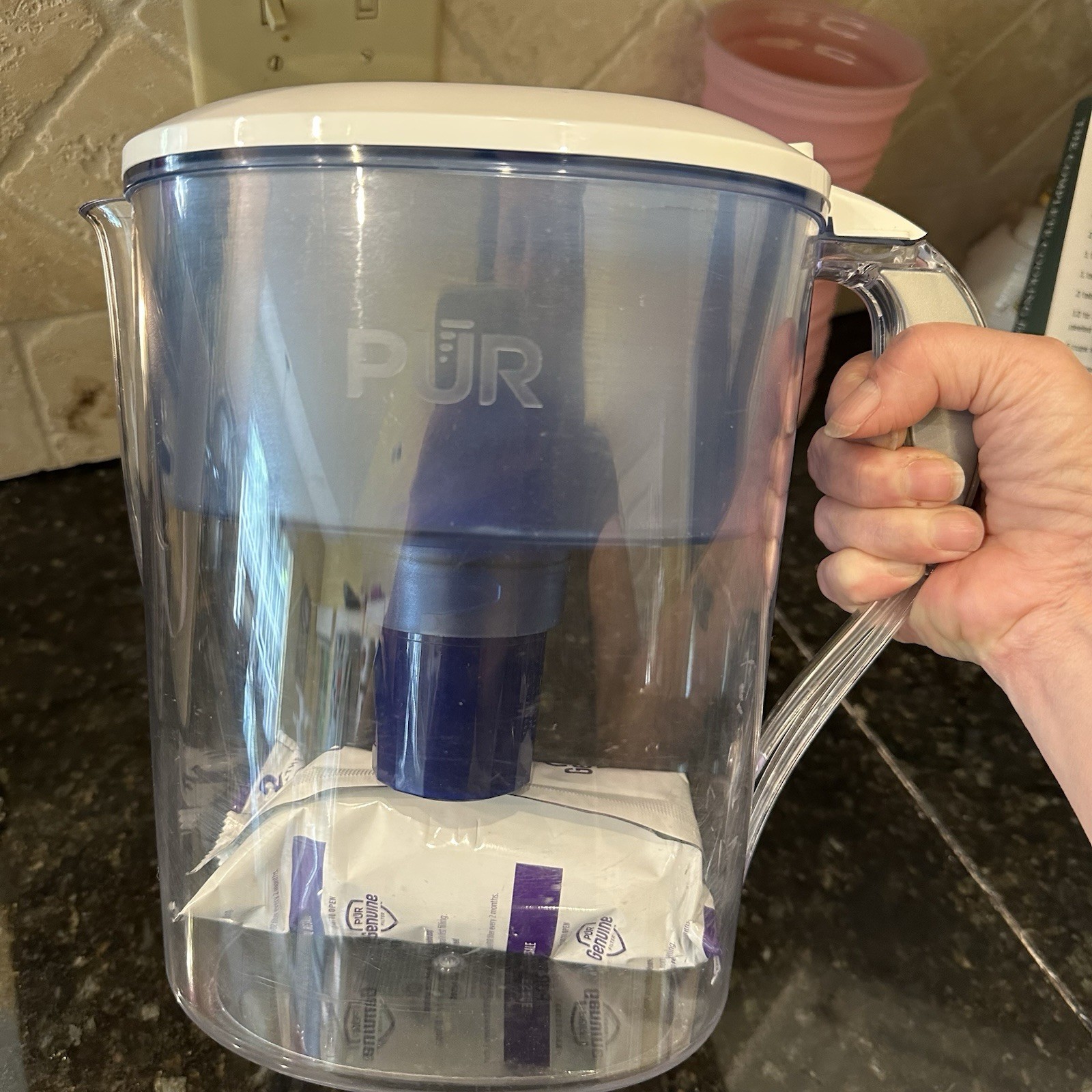 PUR 7 Cup Pitcher Filtration System, White and Blue, Dispenser Jug With Handle