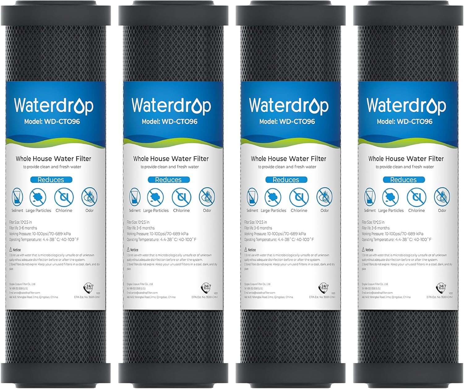 Waterdrop 2.5″ x 10″ Whole House CTO Carbon Water Filter Cartridge(4)
