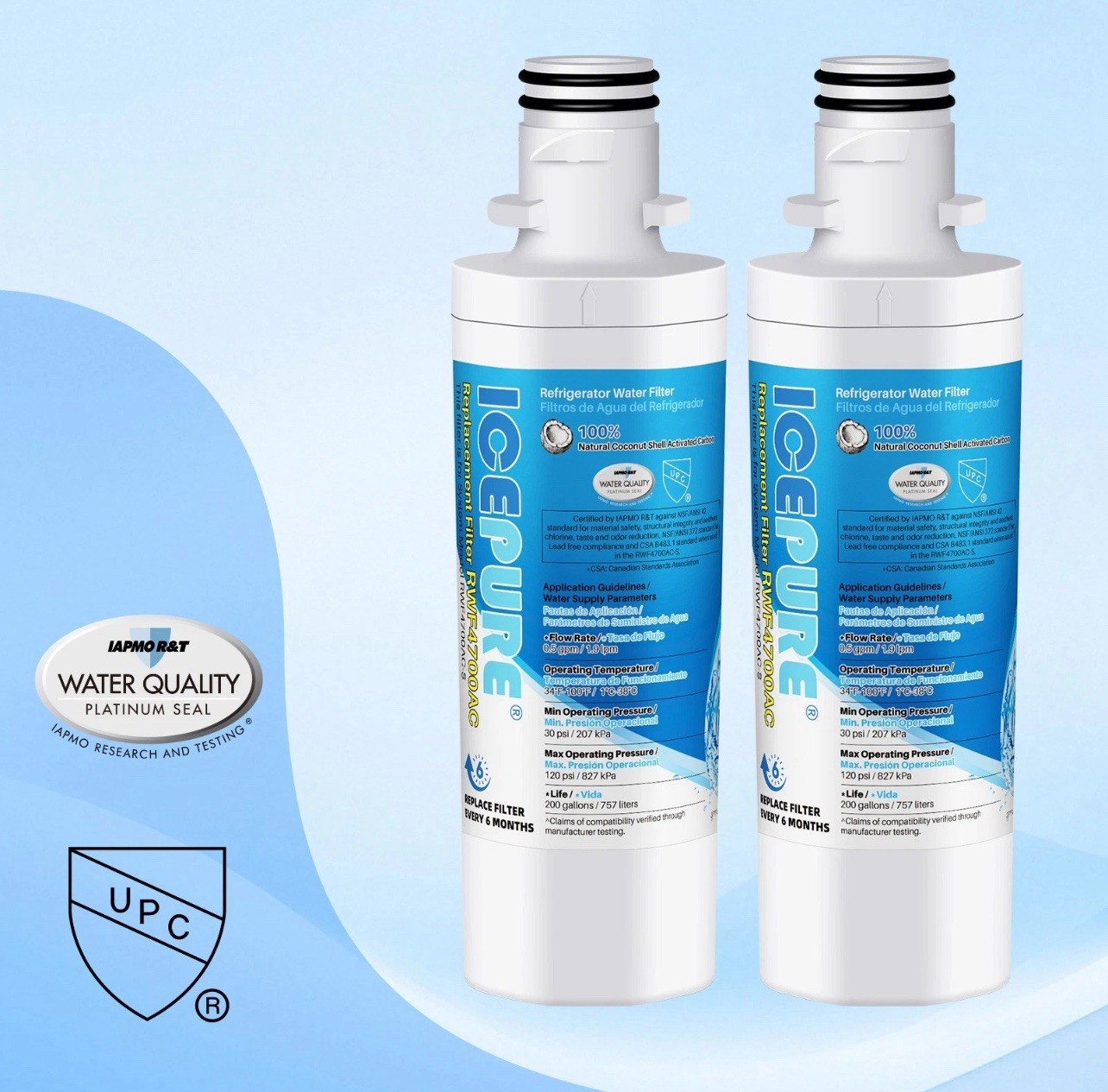 RWF4700AC Water Filter Fit for LT1000P, ADQ747935, LMXS28626D, LT1000PC 2PACK
