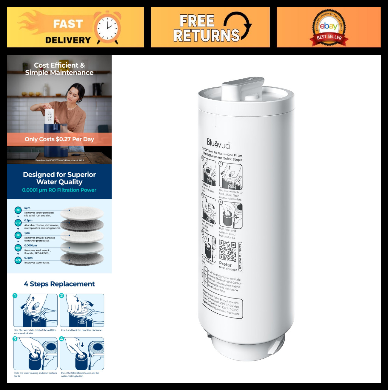 5-IN-1 RO Filter Replacement for Countertop Reverse Osmosis System – 6 Month Lif