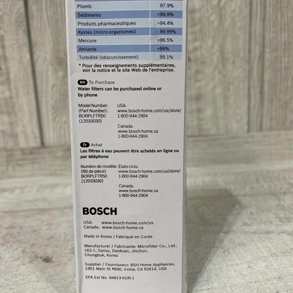 1 PACK Bosch Ultra Clarity Pro BORPLFTR50 Water Filter White #WFS200MF/WFS210MF