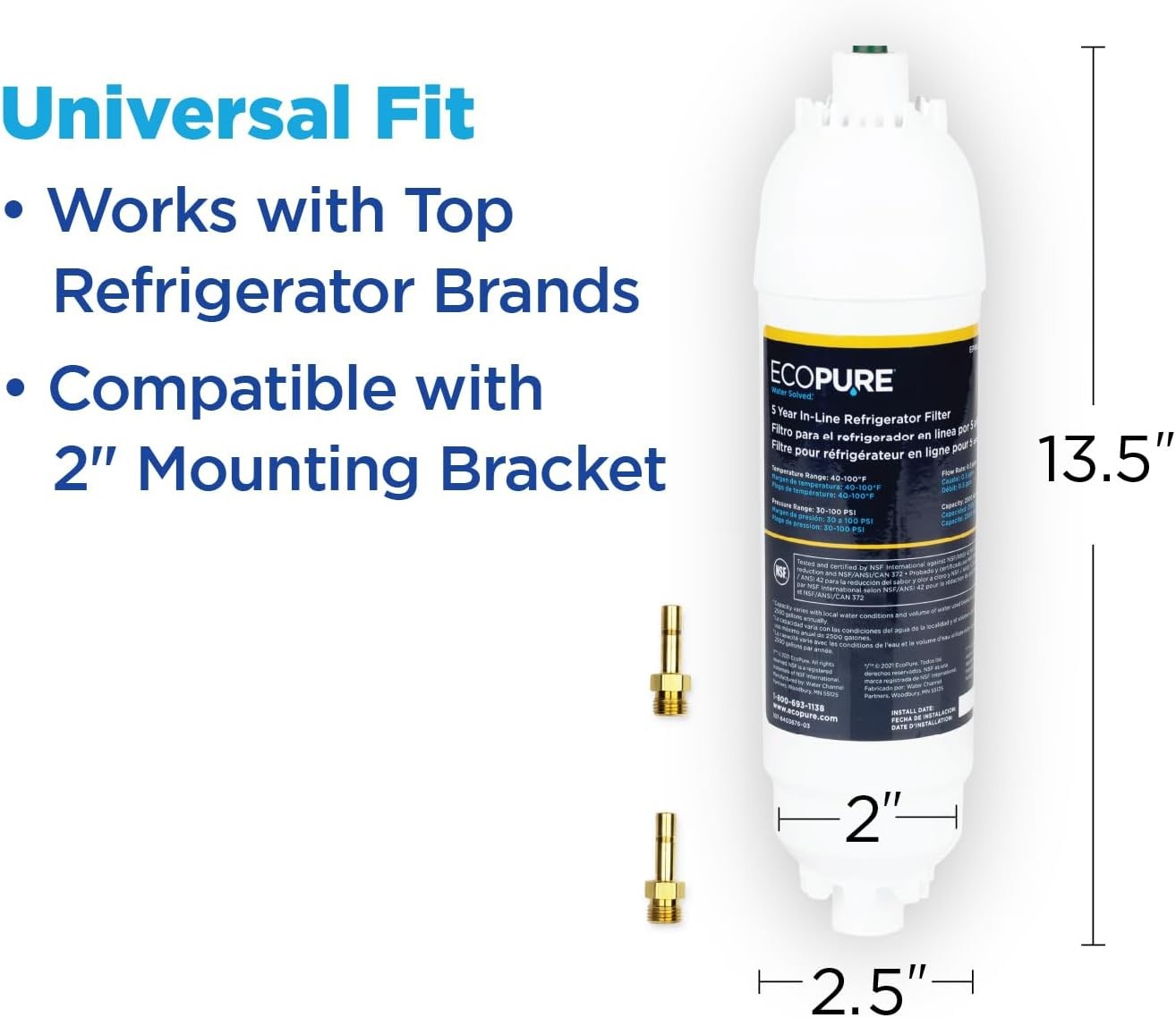 Ecopure 5 Year In Line Refrigerator Water Filter Compatible With Most Brands