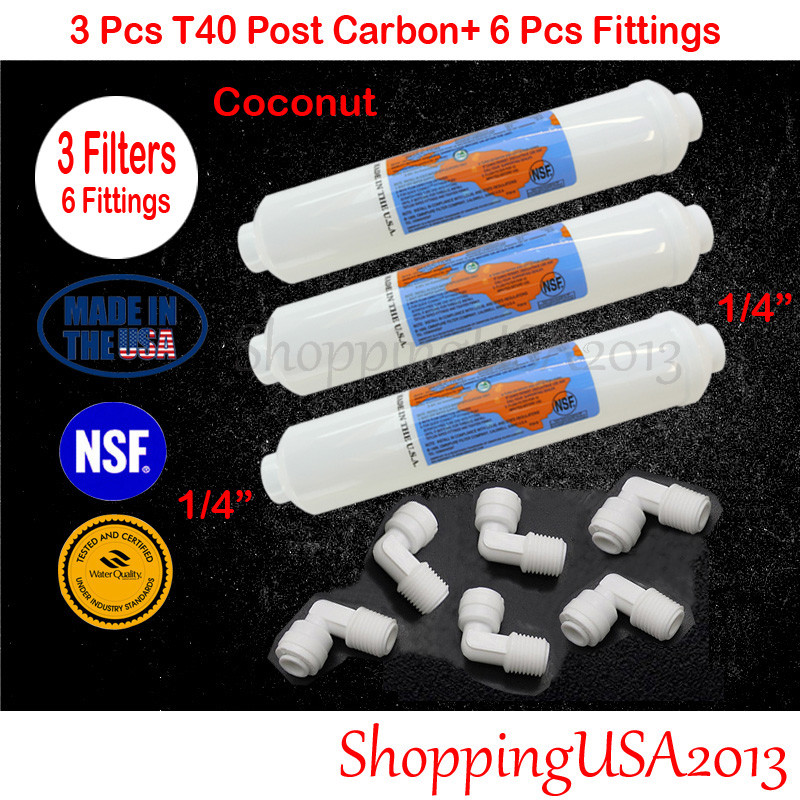 3 Omnipure T40 Post Coconut Inline Carbon Filter 10X2″ RO +6 Male Elbow Fitting*