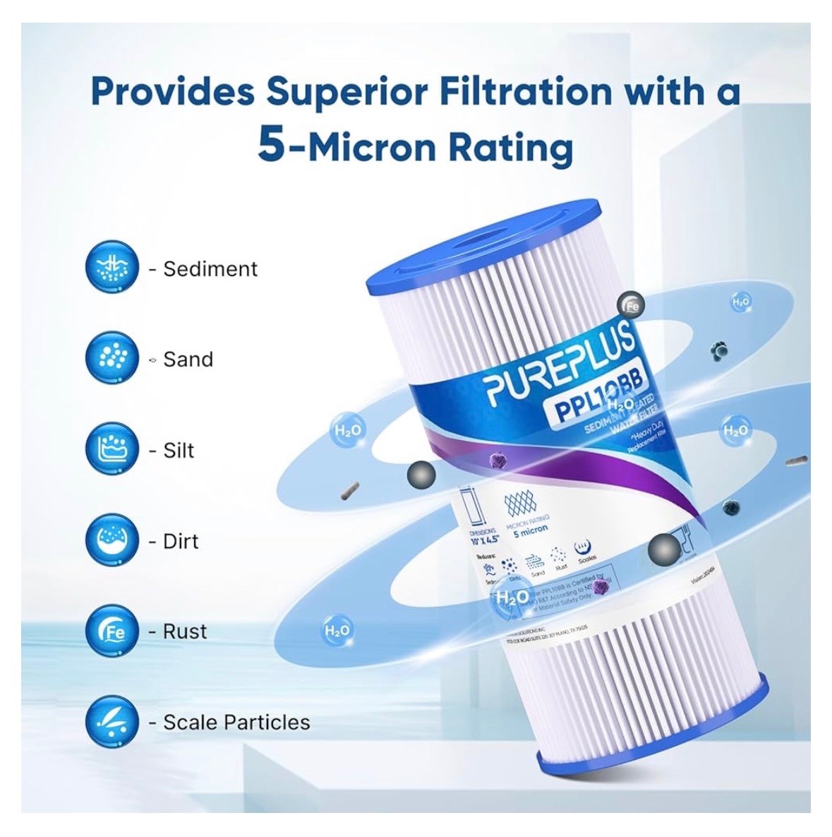 2 PACK PUREPLUS 5 Micron 10″ x 4.5″ Whole House Pleated Sediment Filter PPL10BB