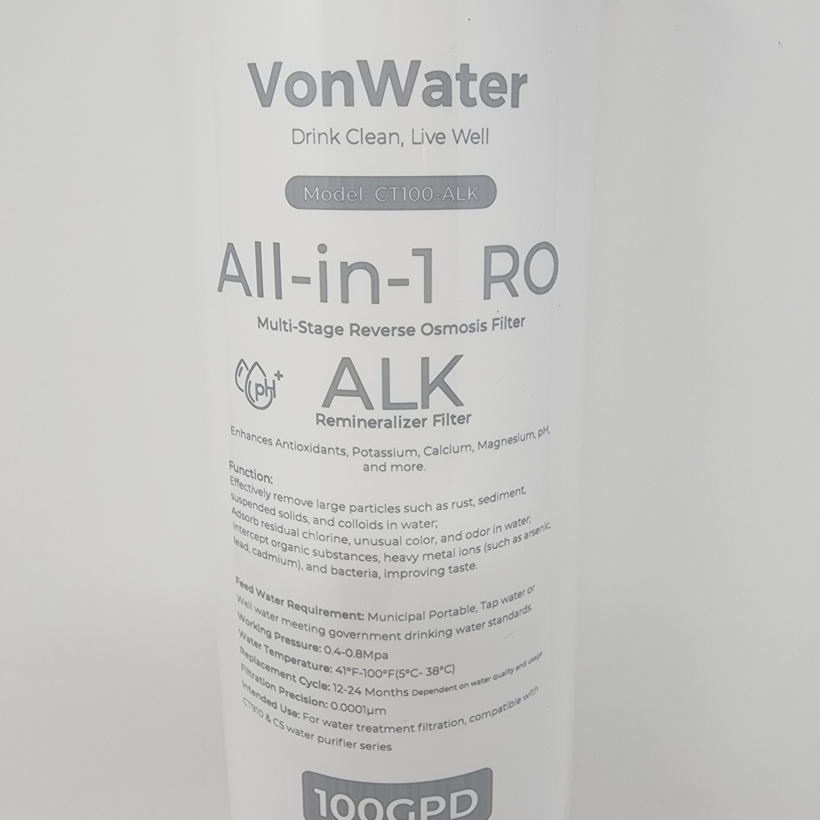 VonWater All-in-1 Filter RO CT100-ALK 100GPD Alkaline Remineralizer Filter