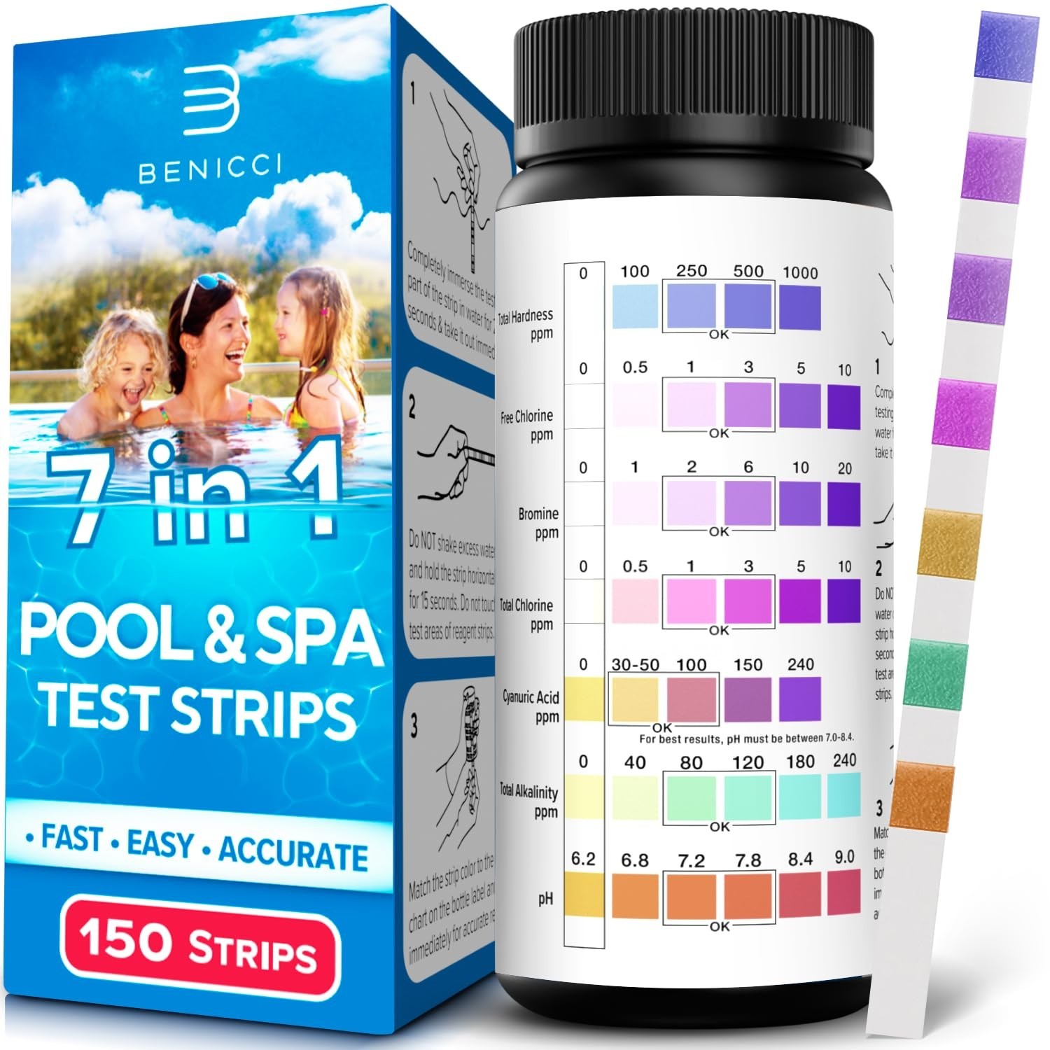 7-in-1 Accurate Pool Test Strips – 150 Hot Tub Spa Test Strips – Quick Pool Wate
