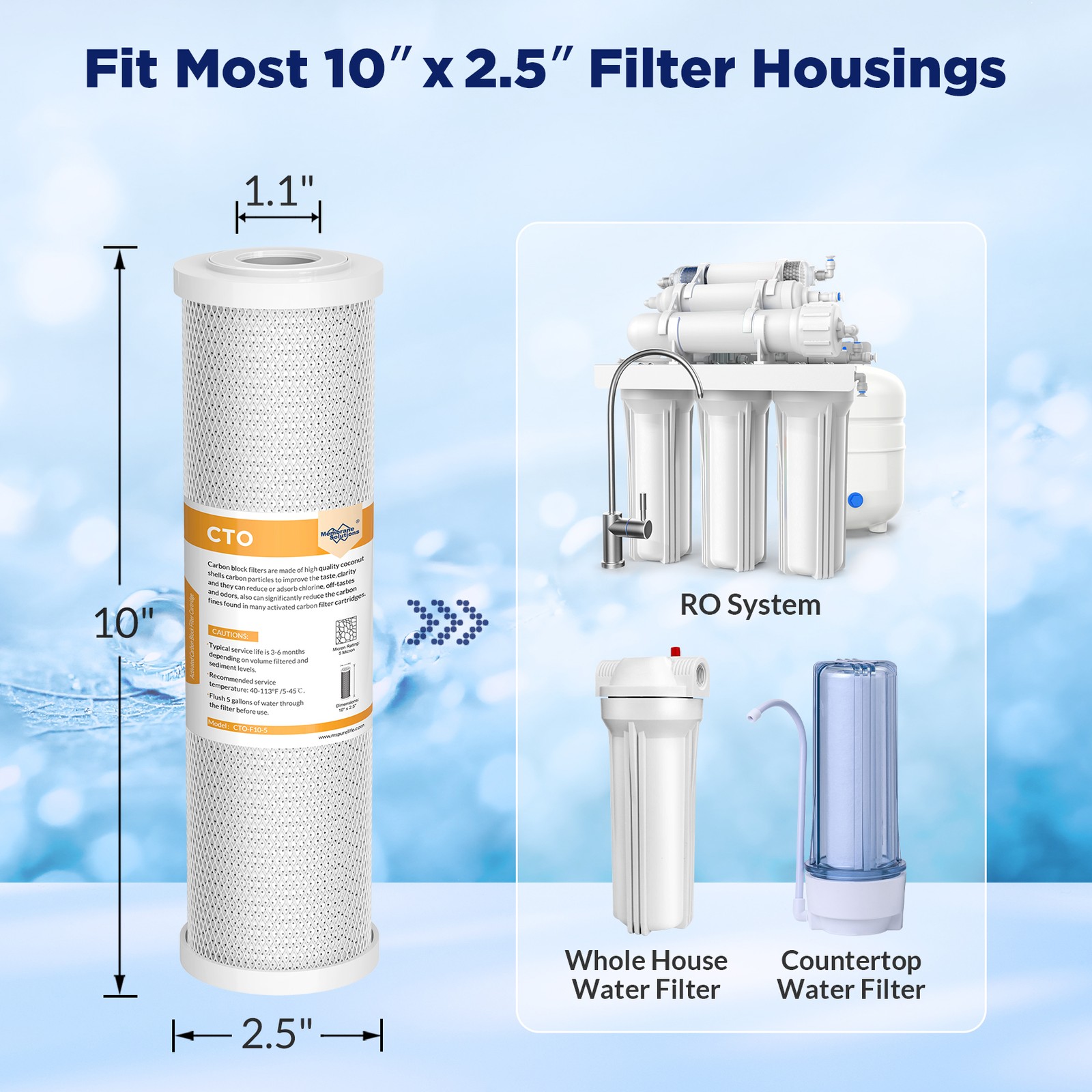 1-10 Pack 5 Micron 10″x2.5″ CTO Carbon Block Water Filter Cartridges Whole House