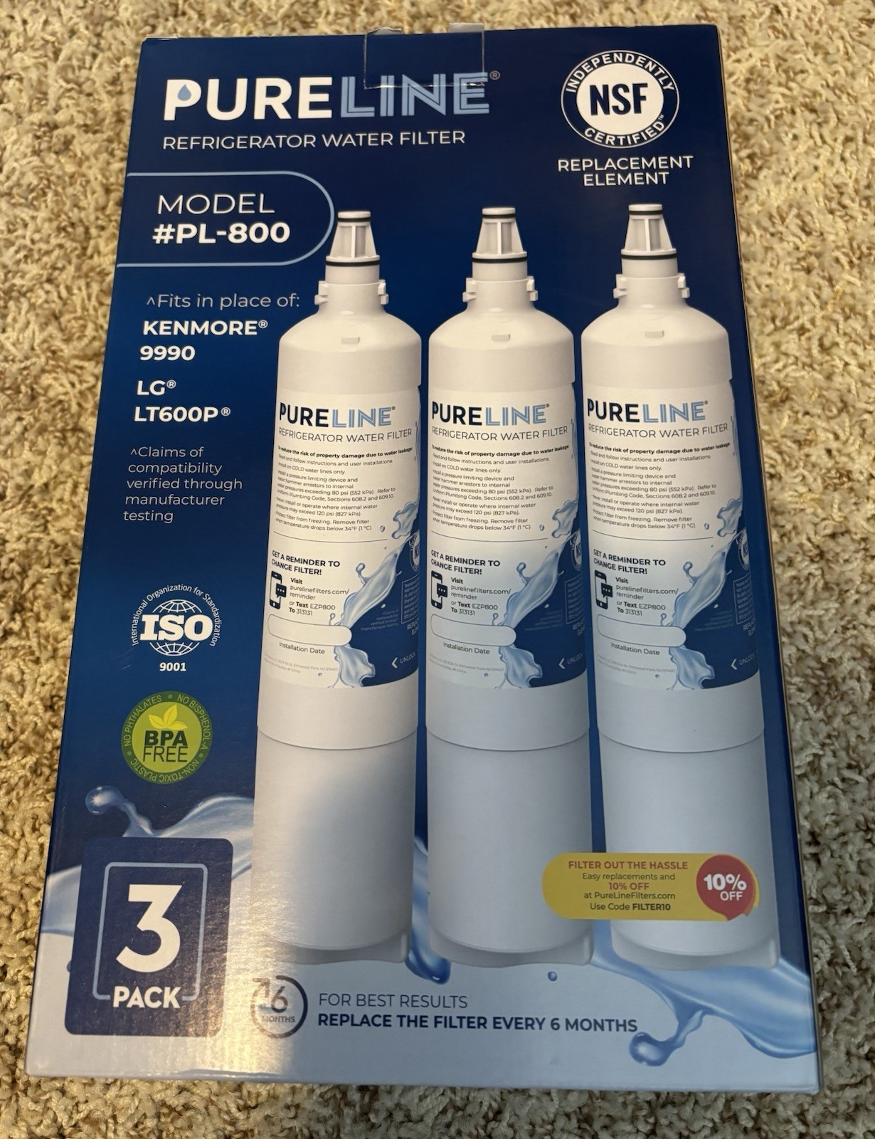 PURELINE Refrigerator Water 3 Pack Filters MODEL#PL-800. Kenmore 9990. LG LT600P