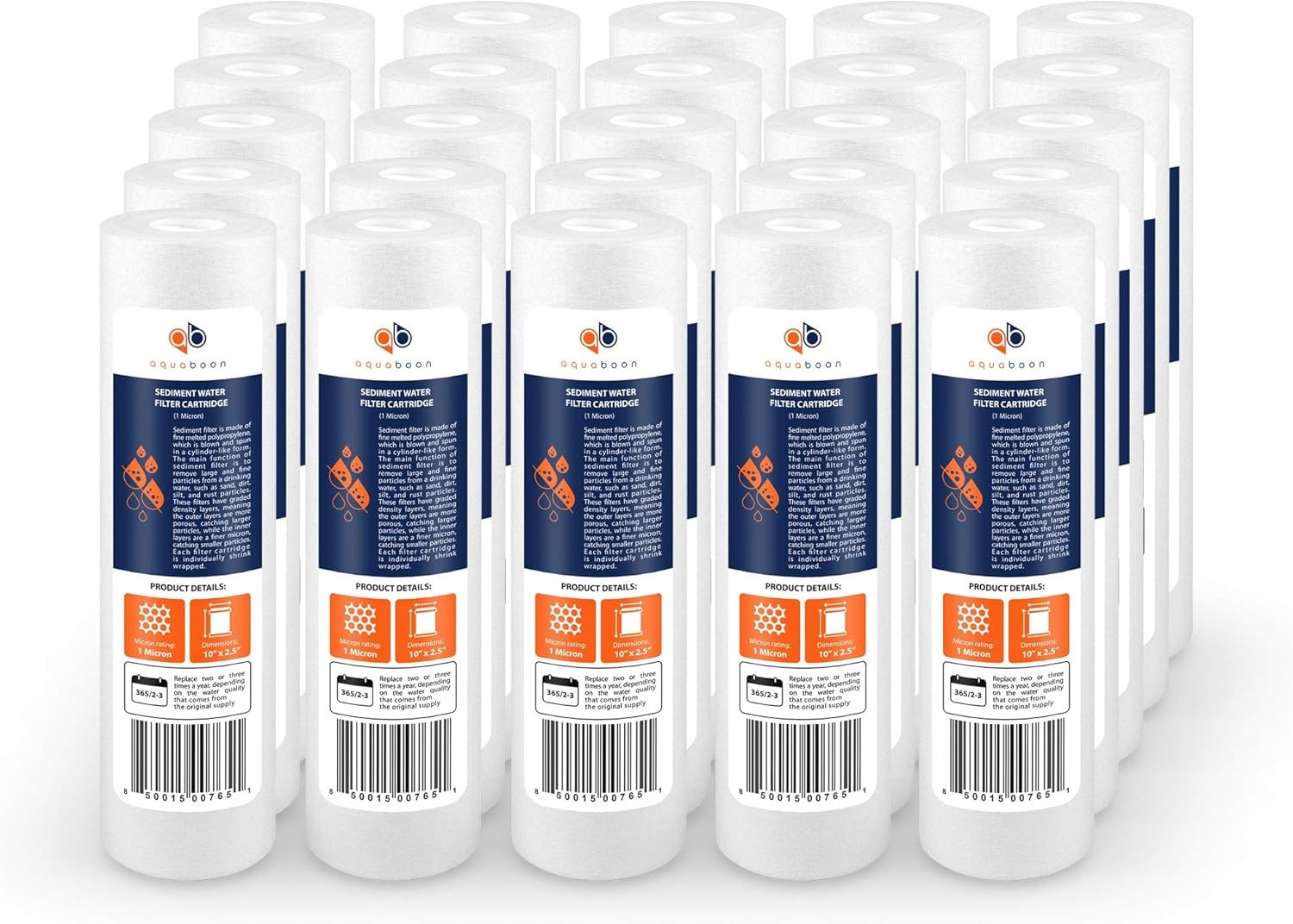Aquaboon 25‑Pack 1 Micron Sediment Water Filters, 10″x2.5″ Standard