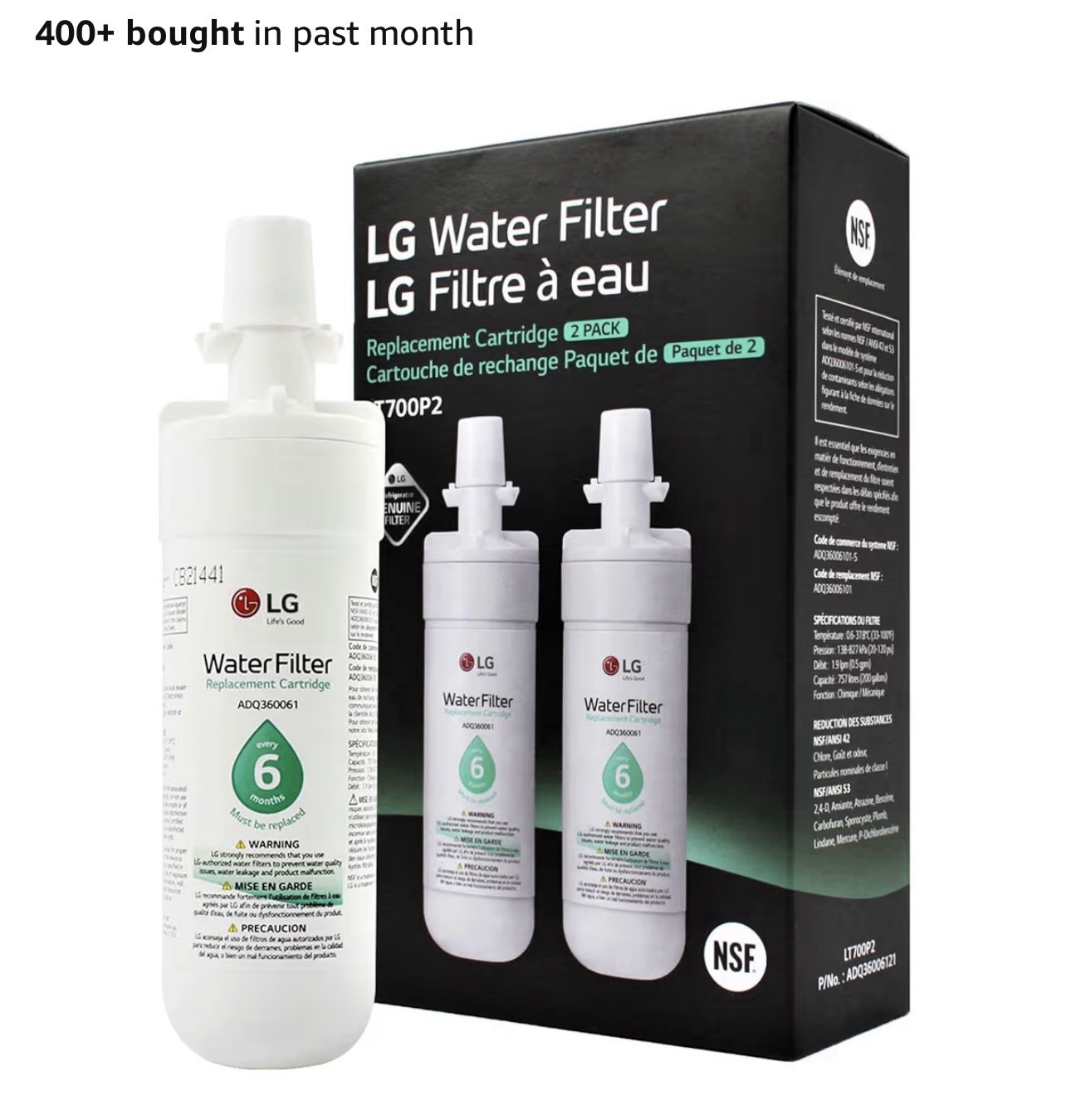 LG LT700P2 Refrigerator Water Filter 6-Month 200 Gal Replacement 2-Pack White