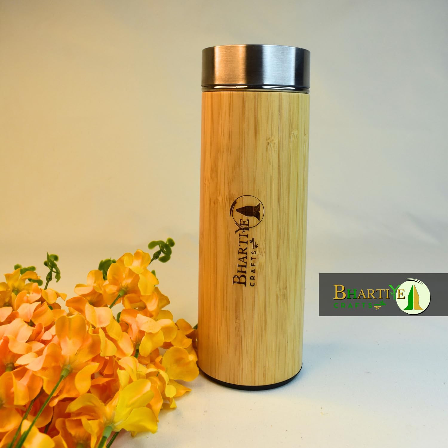 Bhartiye Crafts Bamboo Stainless Steel Insulated Bottle & Milkshake Strainer 500
