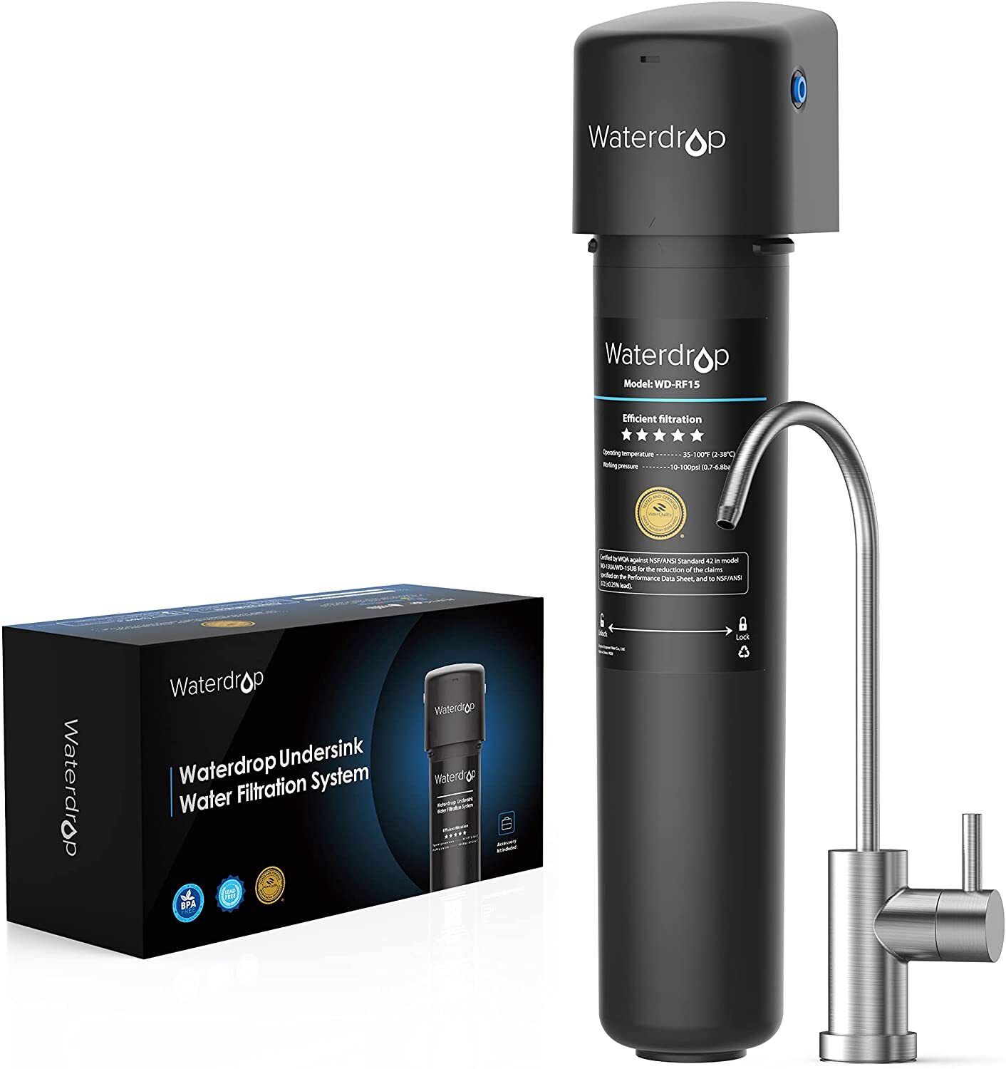 Waterdrop 15UB Under Sink Water Filter System, with Dedicated Faucet, 16K Gal