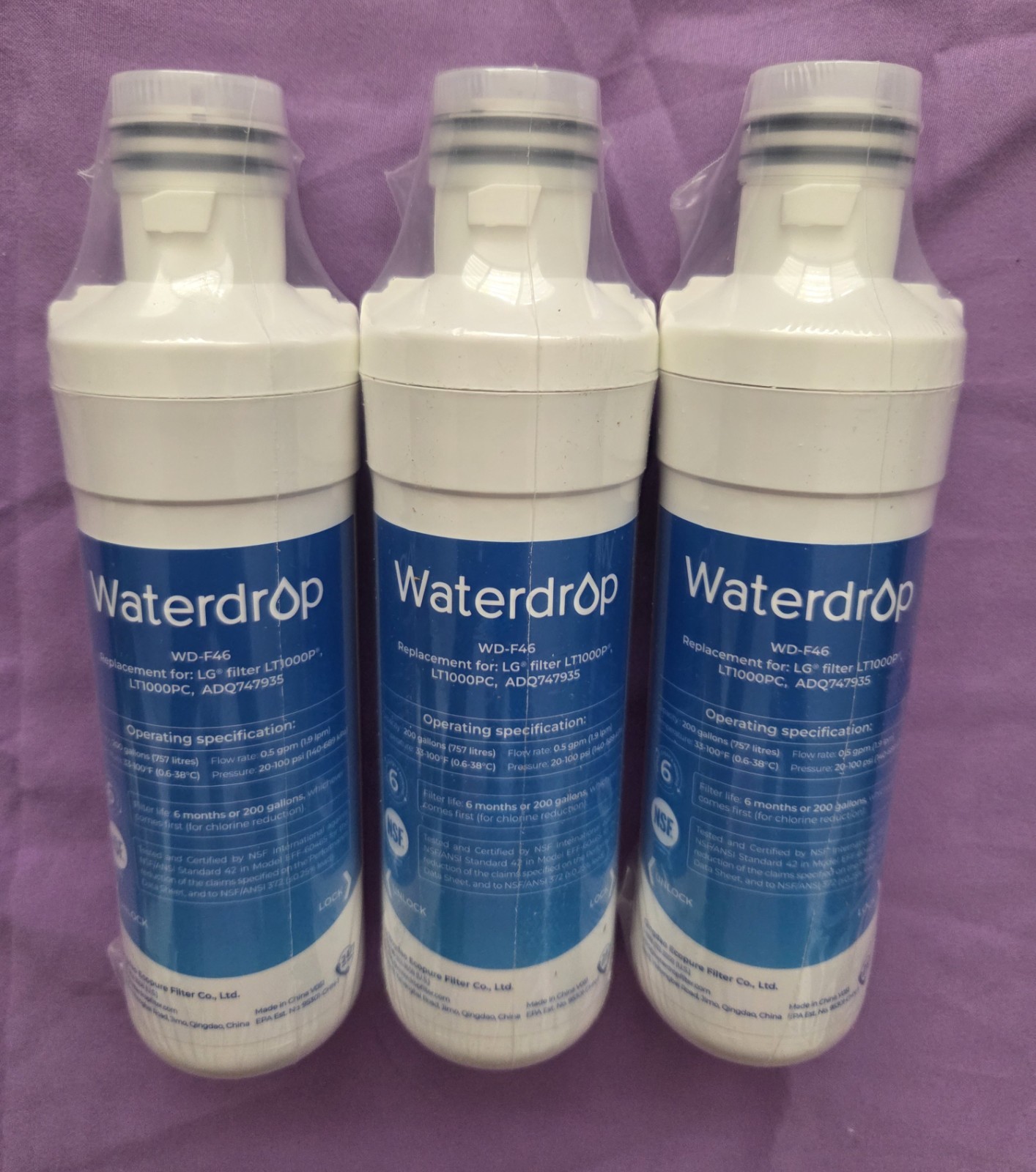3 pk Waterdrop Water Filters WD-F46 Replacement For LG LT1000P/PC ADQ747935