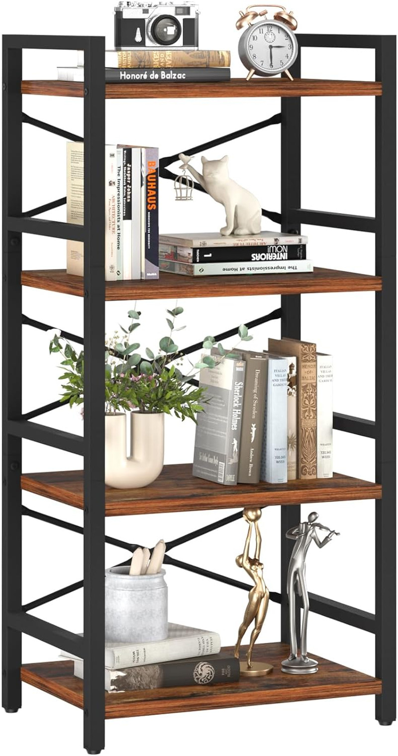 4 Tier Narrow Bookshelf Industrial Bookcase Organizer CD Movie Book Berry Brown