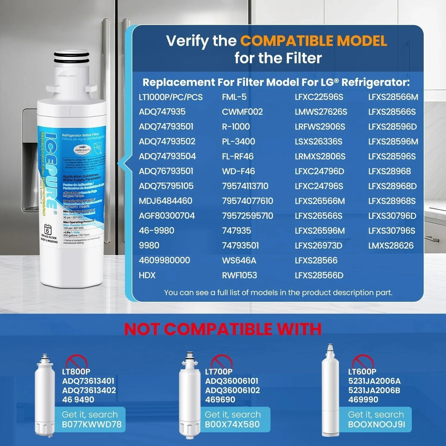 ICEPURE RWF4700AC Water Filter Fits LT1000P, ADQ747935, LMXS28626D, LT1000PC NEW