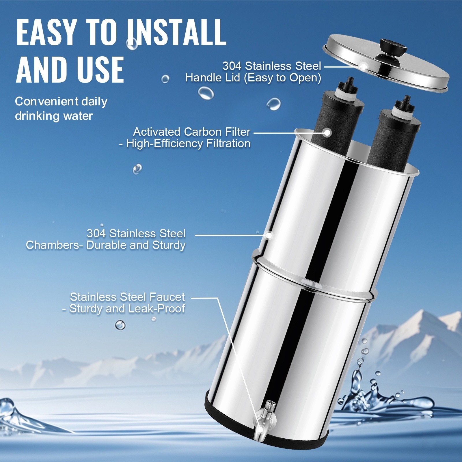 Water Purification Unit, Gravity-Driven, 2.25G Capacity in 304 Stainless-Steel