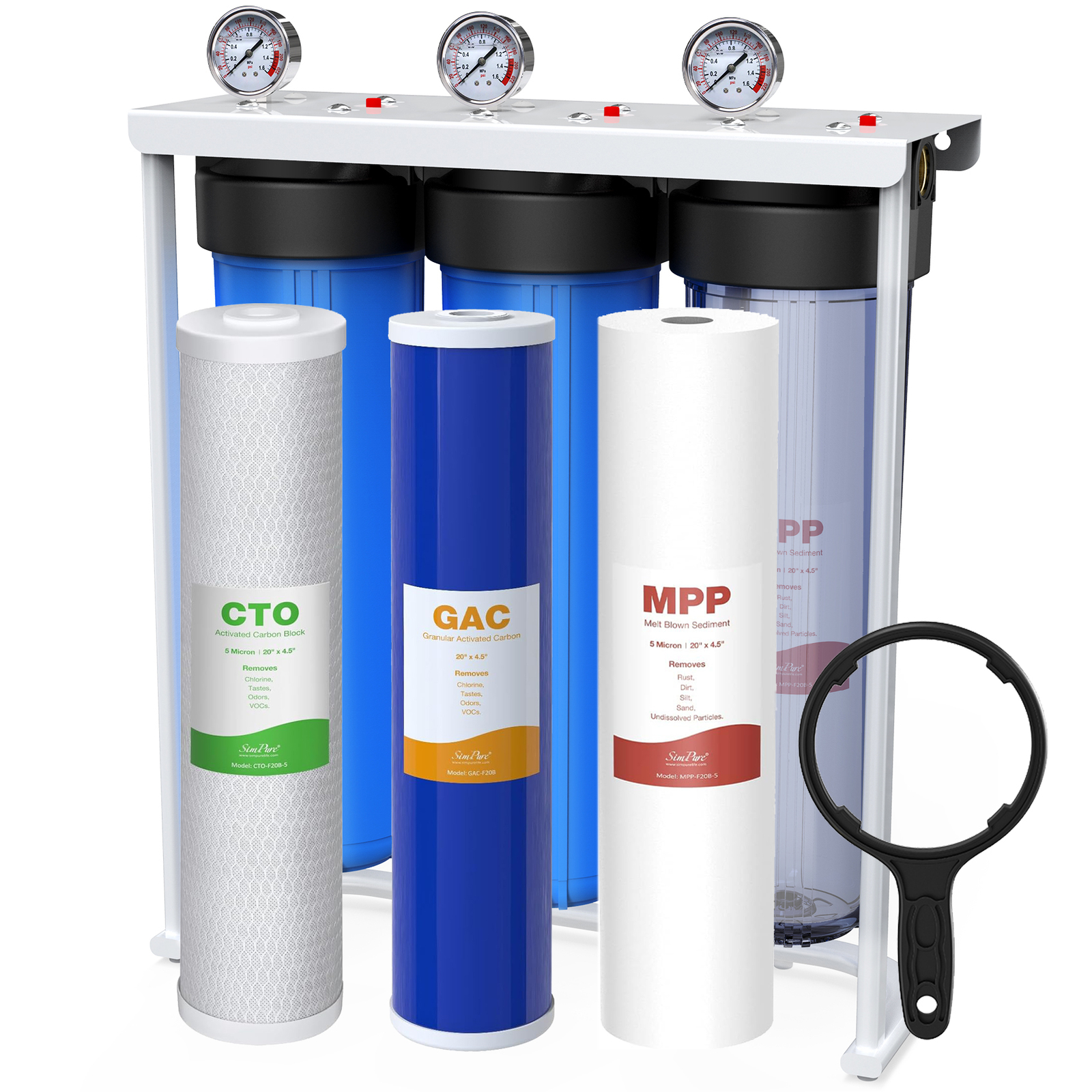 20×4.5″ Big Blue 3-Stage Sediment GAC CTO Carbon Whole House Water Filter System