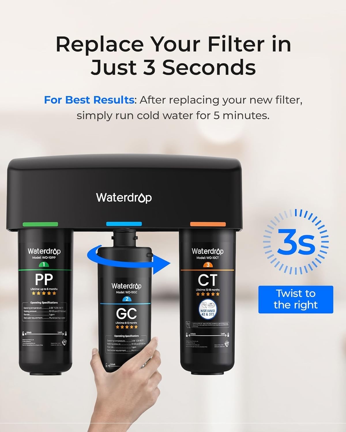Waterdrop Under Sink 3-Stage Replacement Water Filter for Waterdrop TSA&B (3)