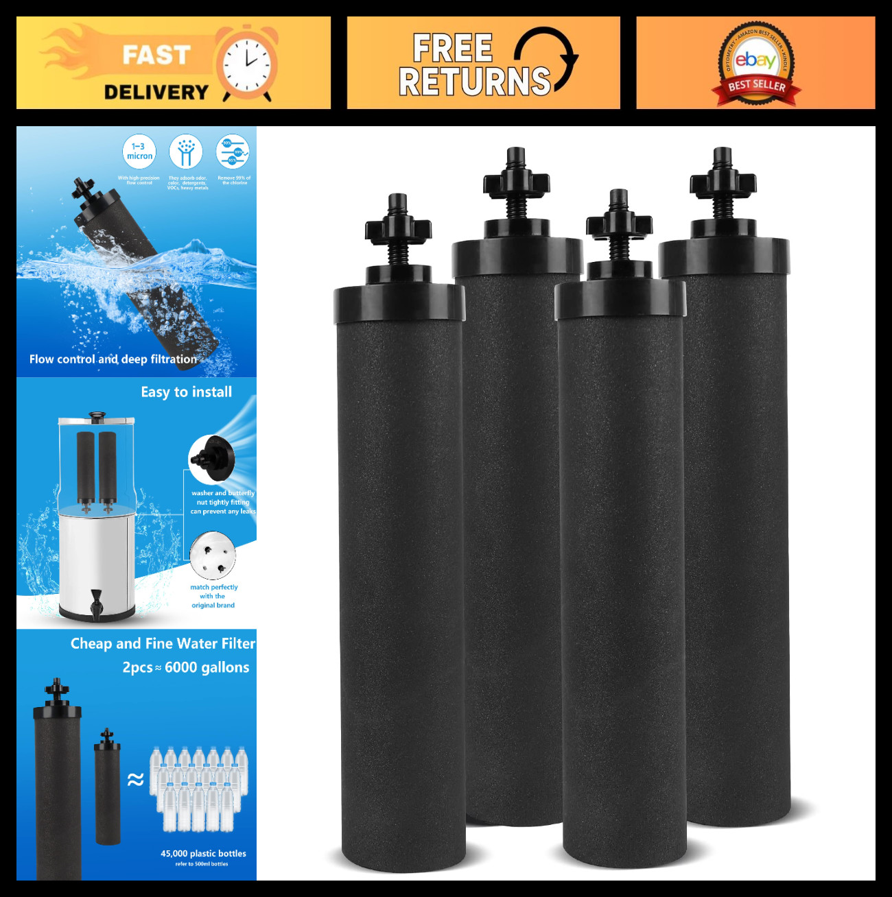 Silver Infused Water Filter Replacement for Black Carbon Block System, Pack of 4