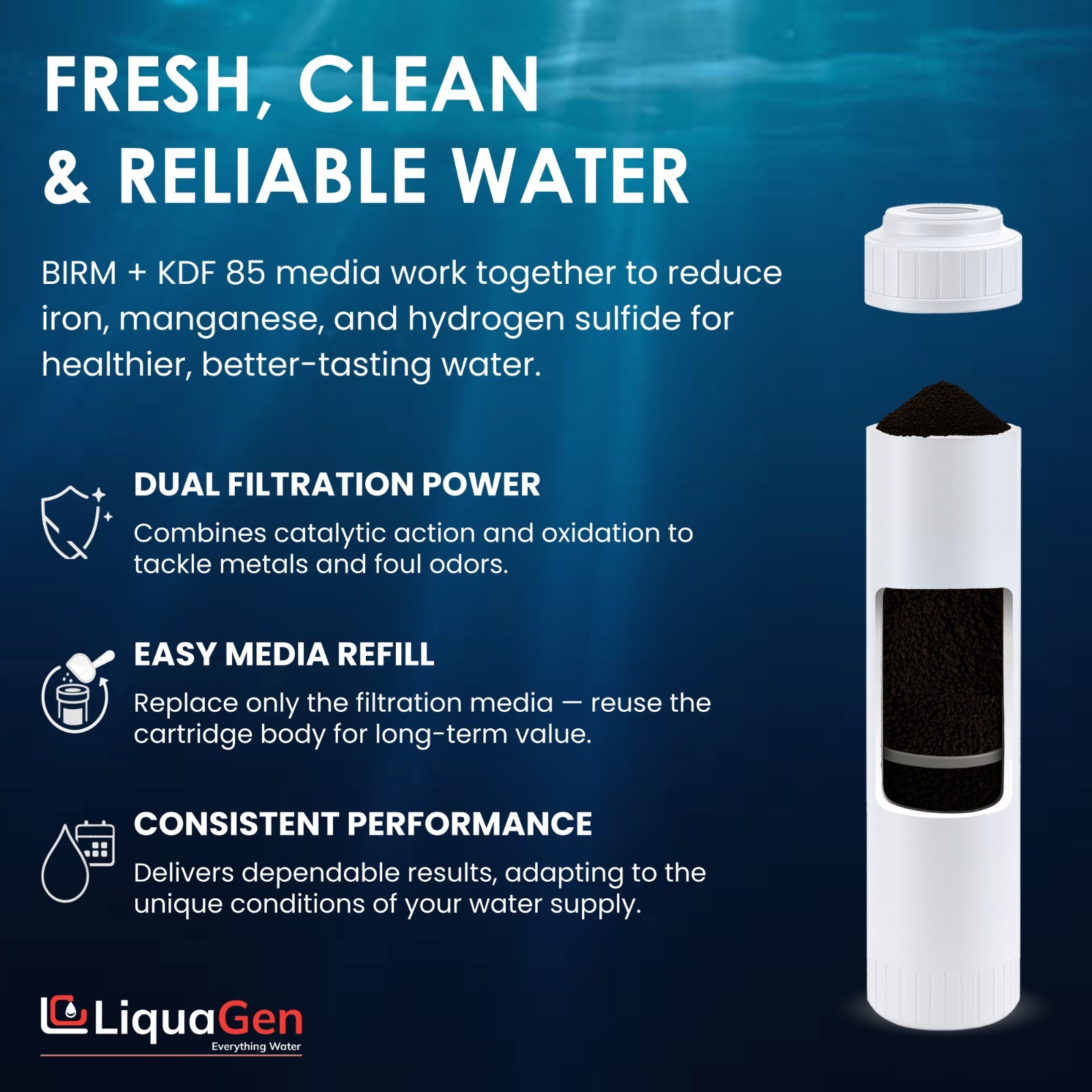 LiquaGen 2.5″ x 10″ BIRM + KDF-85 Filter Cartridge – Iron, Manganese & Sulfur